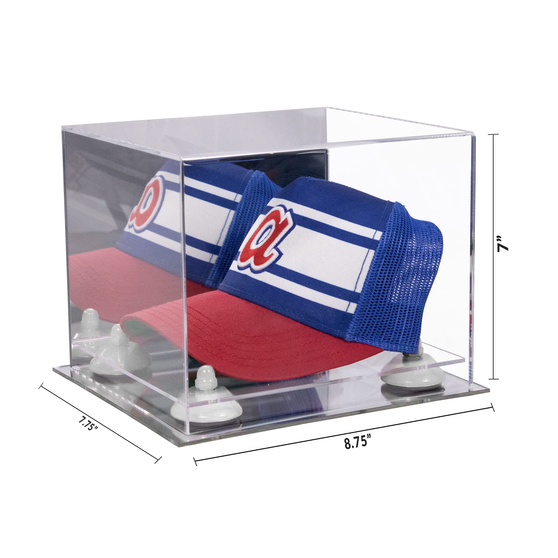 Acrylic Baseball Hat Display Case with Mirror - White Risers & Mirror Base (V21/A006) | Perfect for Collectors, Retail Stores & Home Decor
