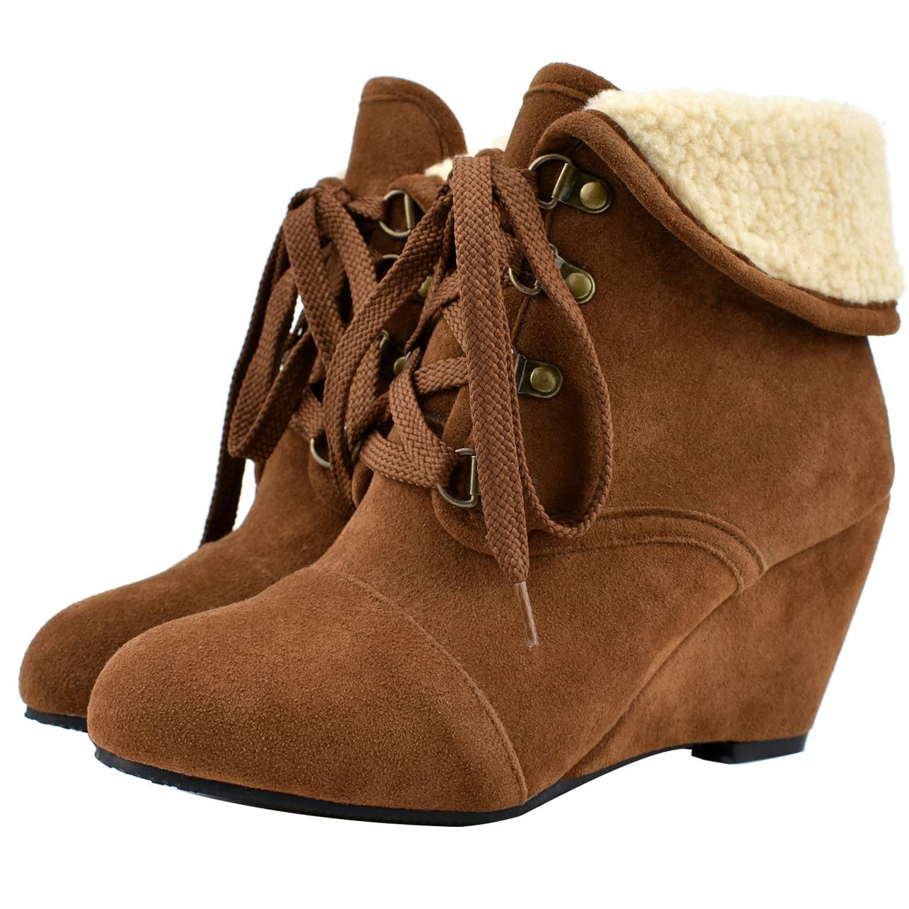 UniqueStride Women's Faux Suede Ankle Boots - Lace Up Wedge Heel Booties for Fall & Winter | Comfortable Dress Shoes for Work, Party & Casual Outfits