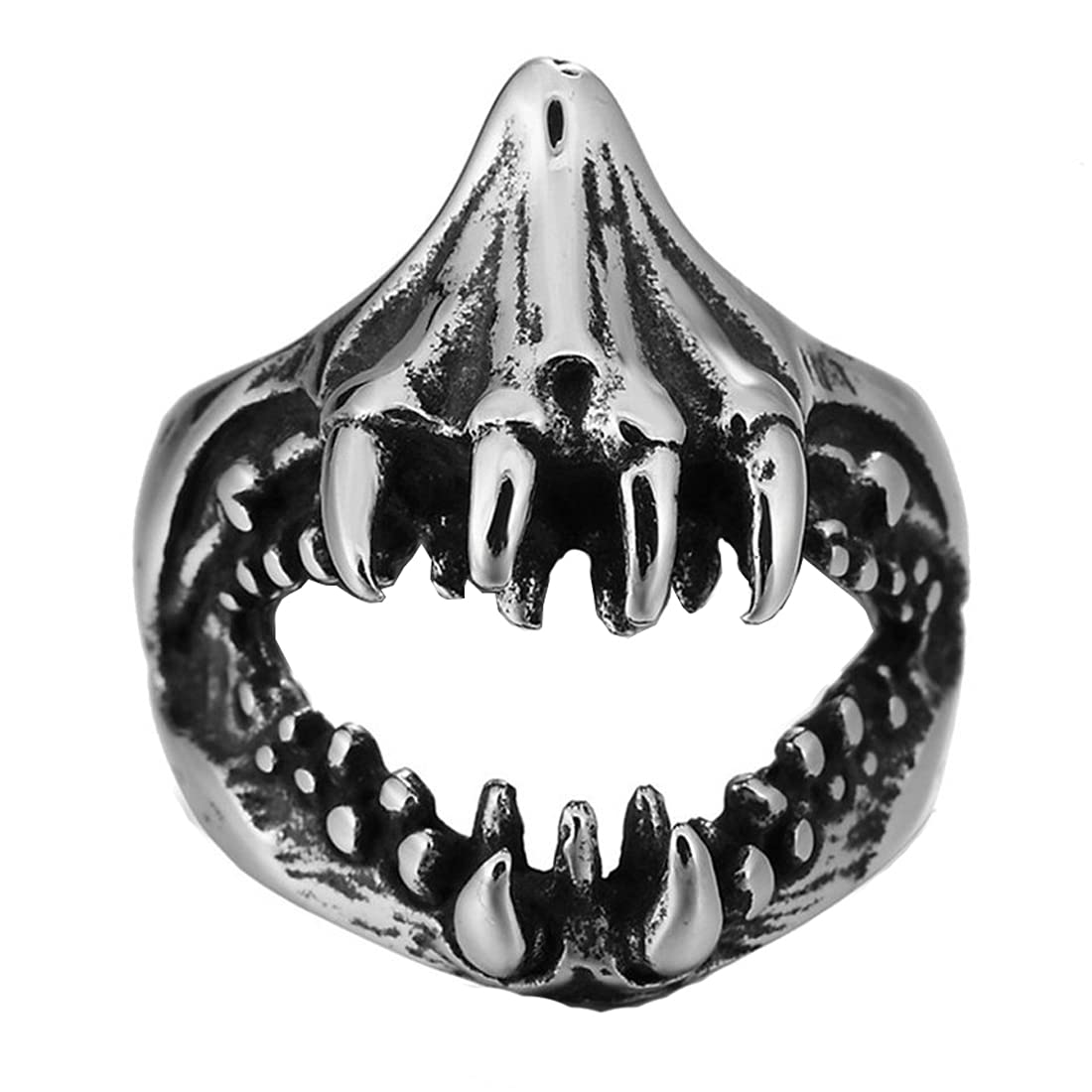 HIJONES Gothic Shark Teeth Ring for Men - Stainless Steel Biker Jewelry, Antique Silver Monster Open Design - Perfect for Halloween, Costume Parties & Punk Fashion Accessories