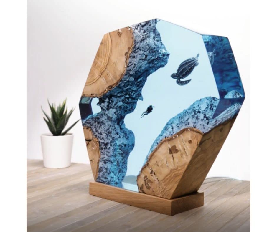 Handmade Resin Turtle Lamp with Wood Base - Ocean Themed Night Light for Home Decor (11x15cm) | Perfect for Bedroom, Nursery & Coastal Style Living Rooms