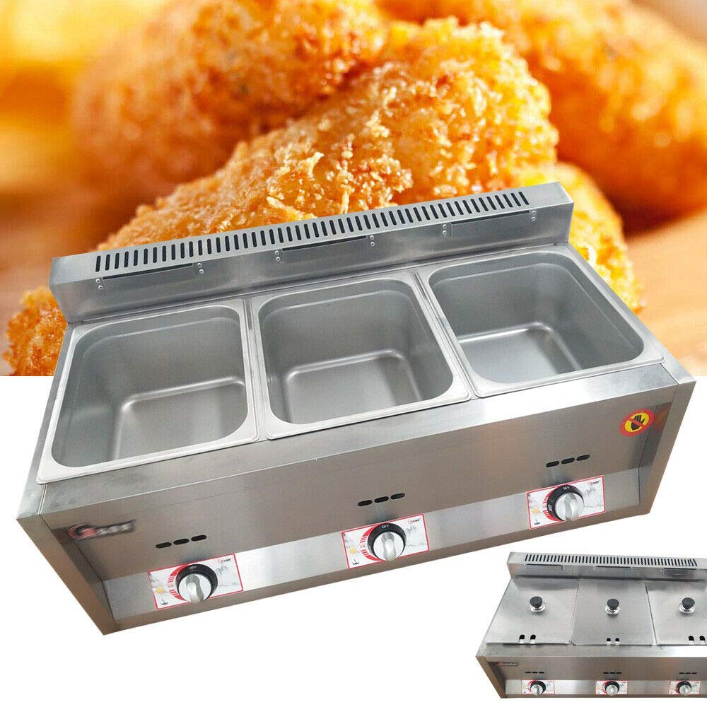 3 Pans Commercial Gas Food Warmer & Deep Fryer - 3x6L Propane Tank Fryer, No Electric Needed - Perfect for Restaurants, Catering & Outdoor Cooking