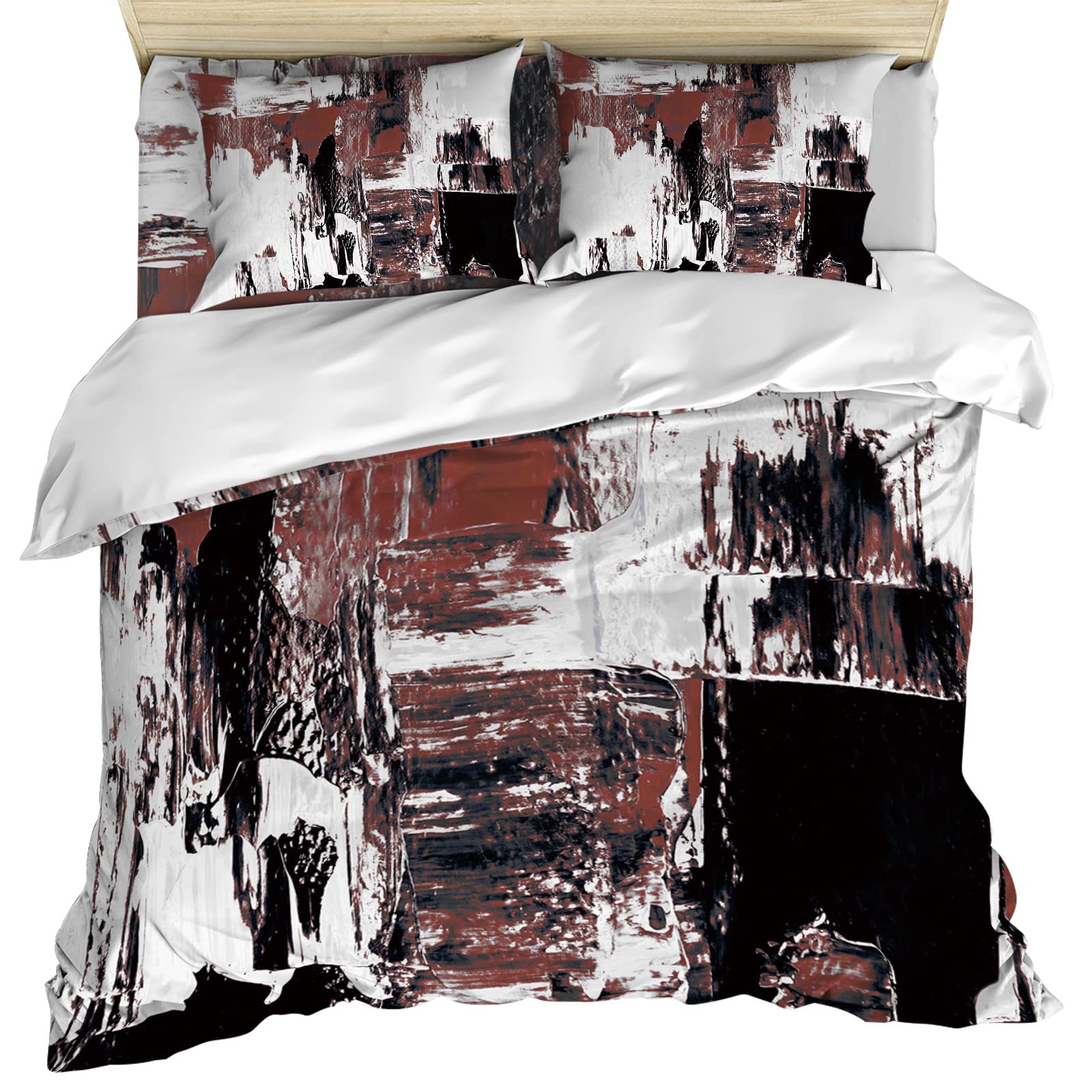 LEOKOTI 4-Piece California King Bedding Set - Red Quilt with Pillow Shams & Sheets, Watercolor White Abstract Art Design, Breathable Microfiber All-Season Comforter Set | Perfect for Master Bedroom, Guest Room & Modern Home Decor