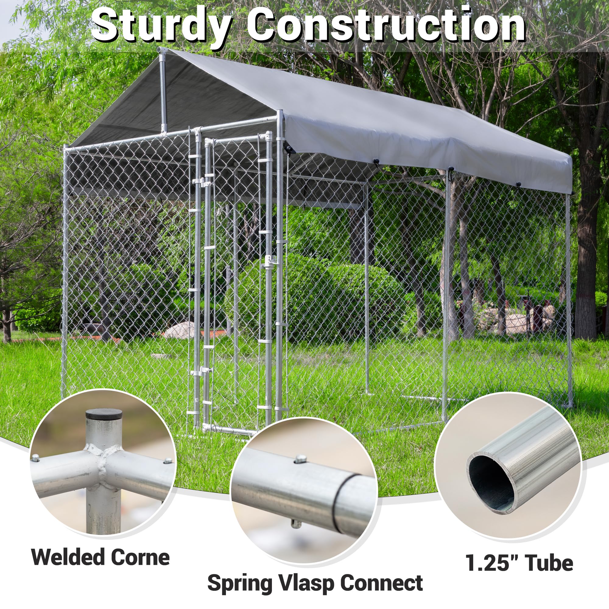 Extra Large Outdoor Dog Kennel - Heavy Duty Galvanized Steel Rust-Proof Dog Crate with Roof, Waterproof UV-Resistant Cover & Secure Lock - Perfect for Backyard, Kennel Runs, and Pet Safety