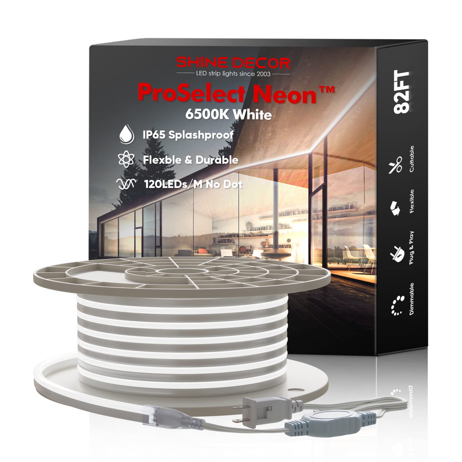 Shine Decor LED Neon Rope Lights 82FT - ETL-Listed Flexible 120LEDs/M Dotless Strip Lighting, AC 120V, Custom Cuttable & IP65 Waterproof for Indoor/Outdoor Use, 6500K Cool White - Perfect for Home Decor, Wedding Lighting, Bar Signs, and Outdoor Patio Illumination