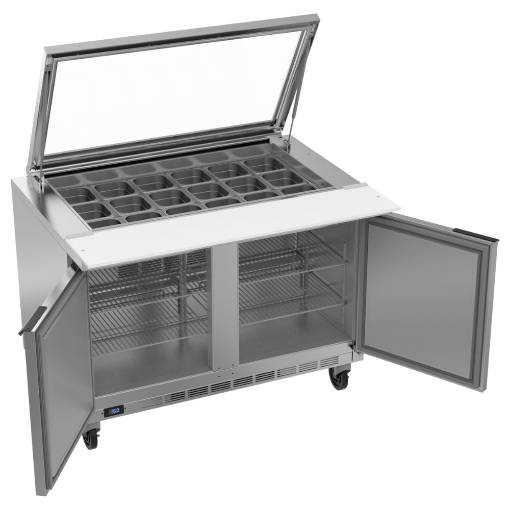 Beverage Air 48 Inch Commercial Sandwich Salad Prep Table - 18 Pan Refrigerated Megatop with 2 Doors - Perfect for Restaurants, Delis & Catering Businesses