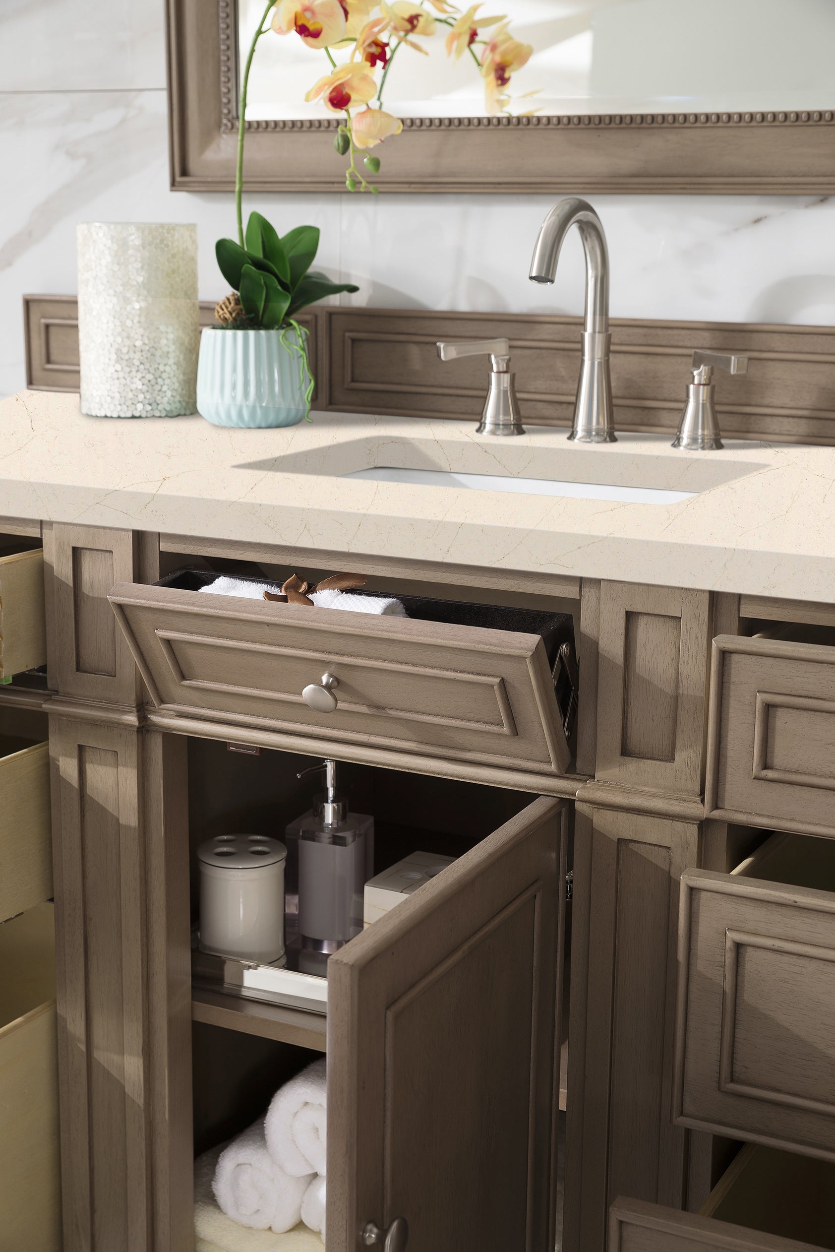 Bristol 60 Inch Single Bathroom Vanity Set with Whitewashed Walnut & 3CM Eternal Marfil Quartz Countertop - Perfect for Modern Home Bathroom Renovation