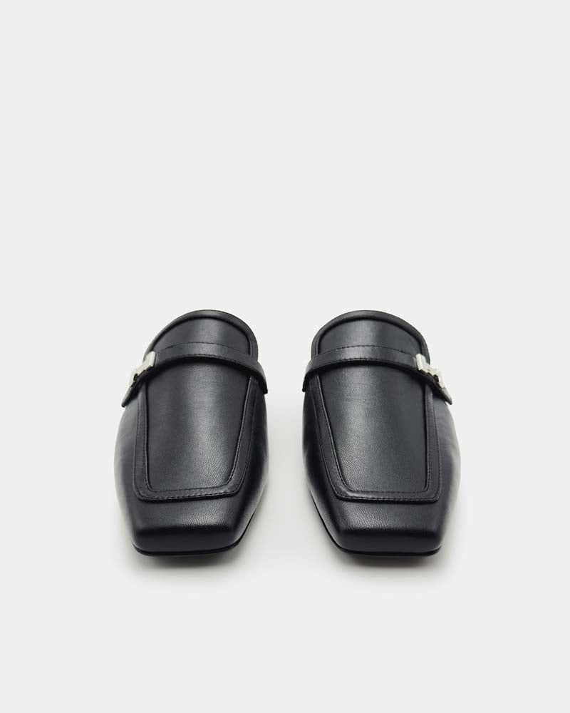 Black Leather Flat Loafer Mules for Women - Comfortable Slip-On Shoes for Casual Wear, Office & Travel - Non-Slip Sole & Cushioned Insole