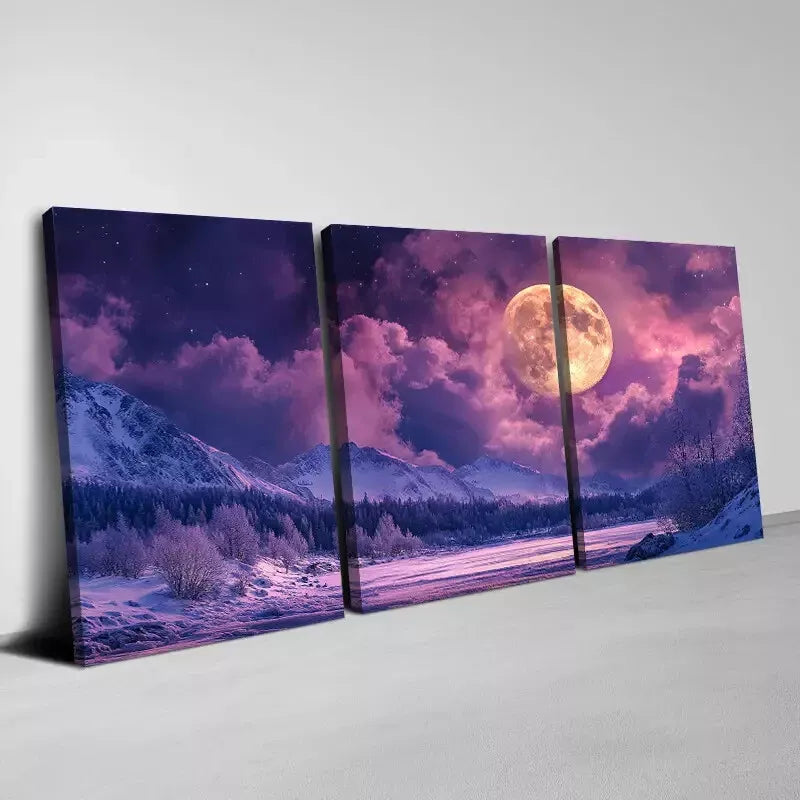 3-Piece Beautiful Moon with Mountain & Trees View Wall Art Set - Framed Canvas 40x60cm - High Quality Print - 100% Australian Made - Ready to Hang - Perfect for Living Room, Bedroom & Office Decor