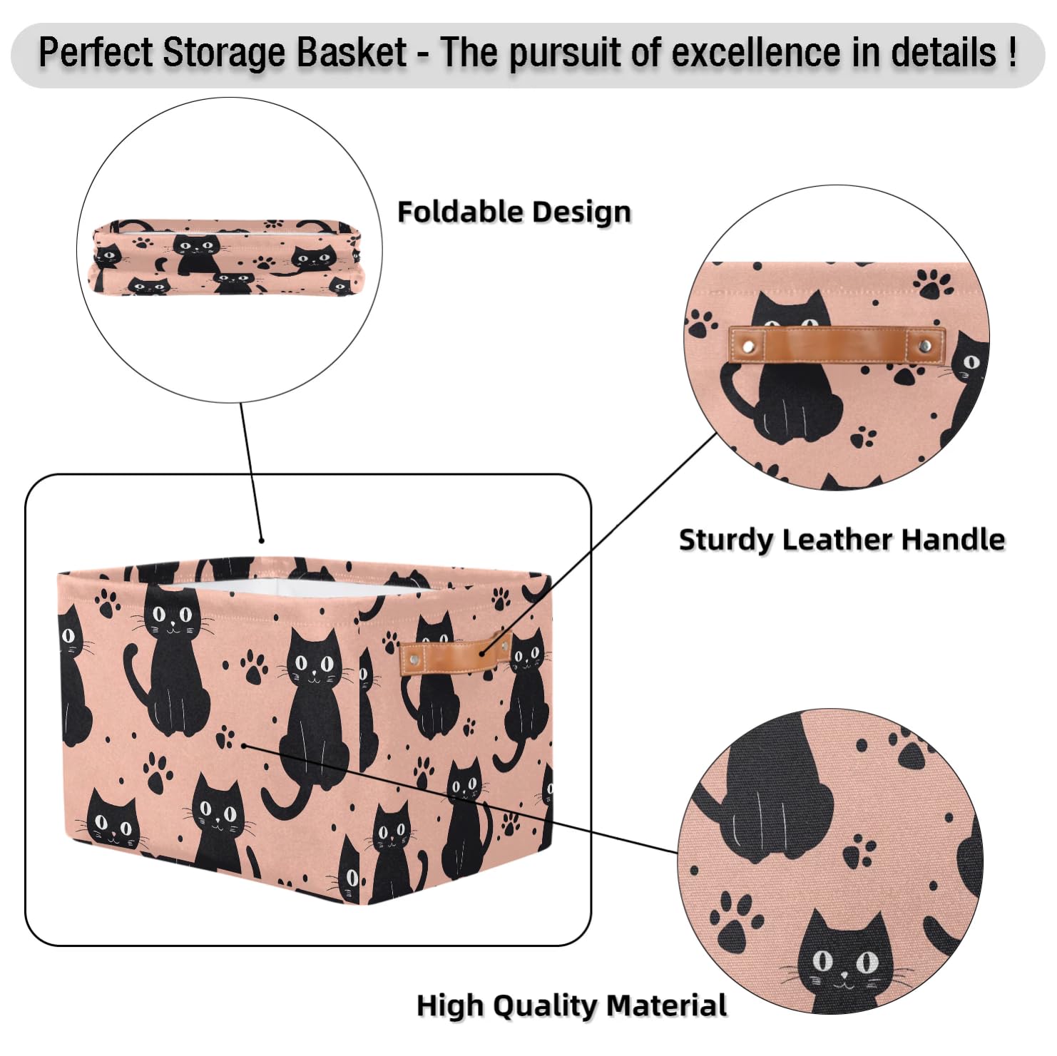 Large Fabric Storage Baskets with Handles - 2 Pack Black Cat Pattern Collapsible Organizer Bins for Shelves, Closet & Home | Perfect for Clothes, Toys & Bedroom Organization