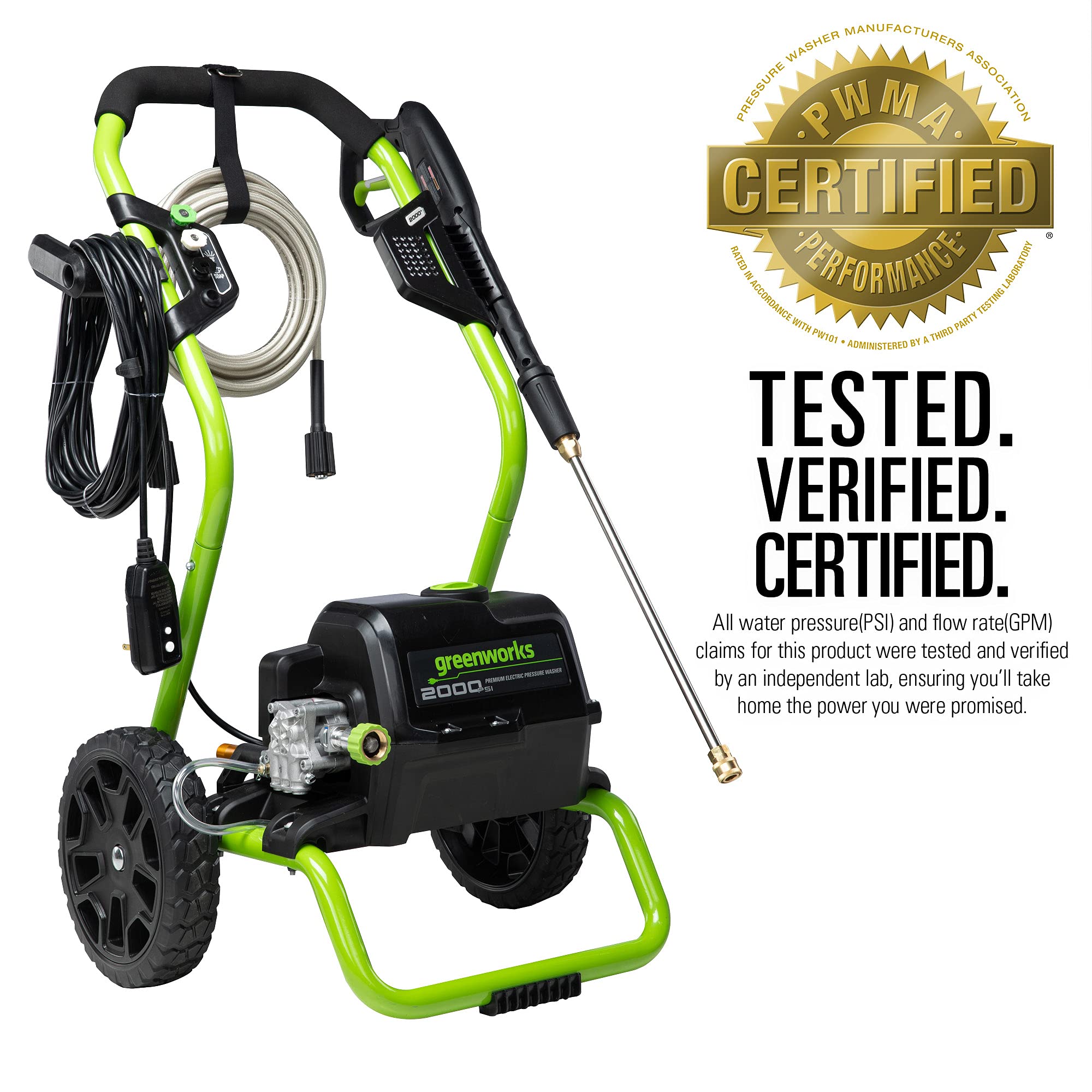 Greenworks 2000 PSI 13 Amp Electric Pressure Washer with Wheels, 20 FT Hose & 35 FT Power Cord - Perfect for Cleaning Cars, Fences, Patios, Driveways, Decks & Outdoor Surfaces