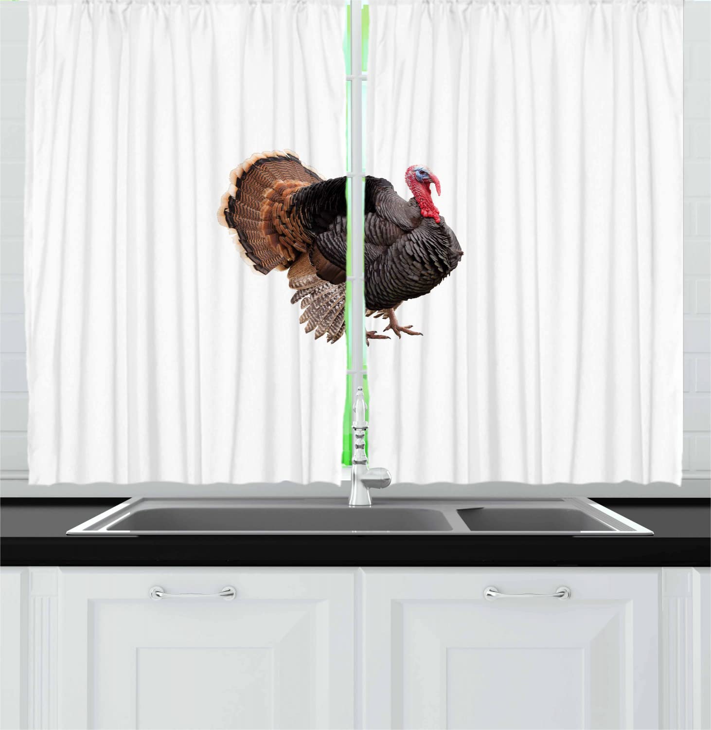 Ambesonne Turkey Themed Kitchen Curtains - Realistic Bird Print Thanksgiving Decor, Farm Animal Design with Rod Pocket, 55x45 Inches, Black Brown Coral - Perfect for Holiday Dinners & Farmhouse Decor