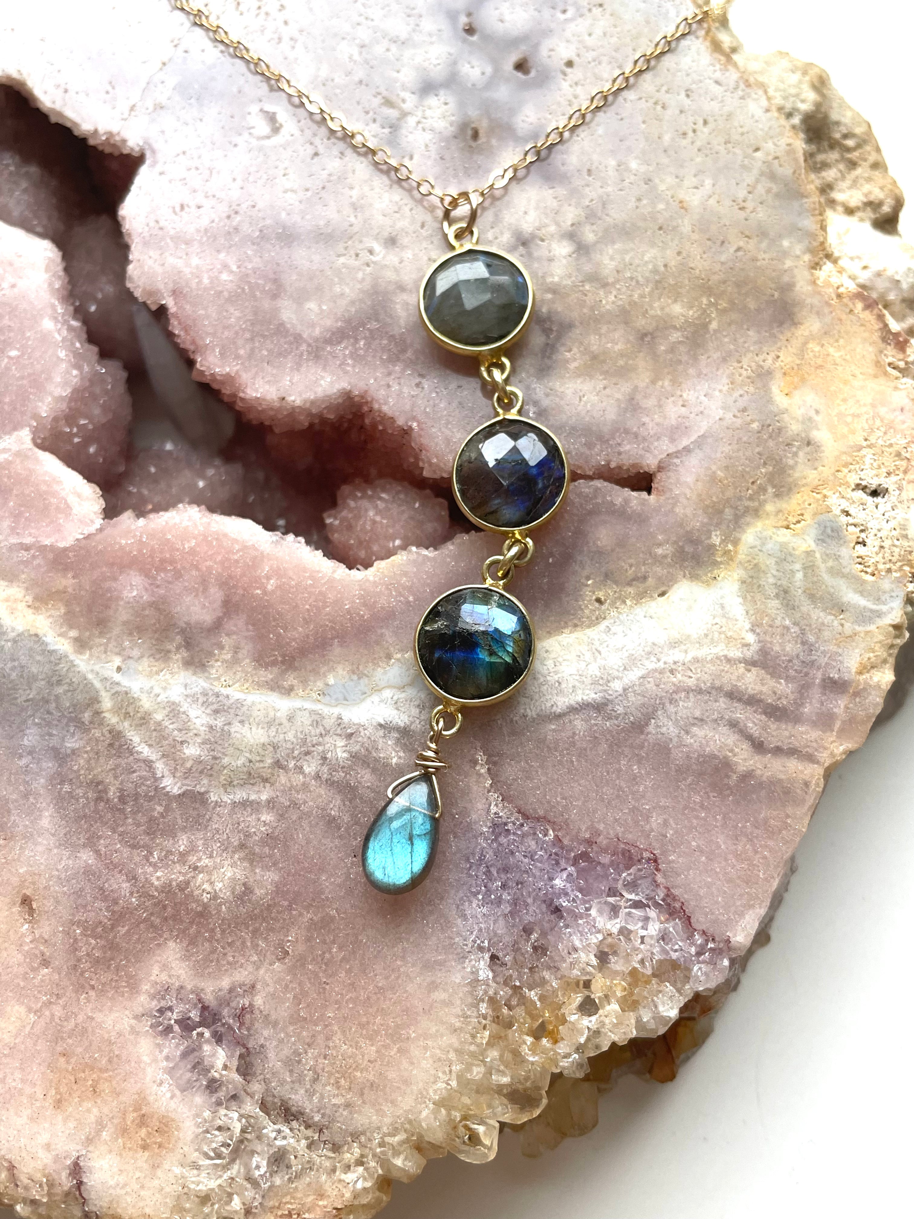 Natural Labradorite Lariat Necklace - 14K Gold or Sterling Silver Pendant - Elegant Crystal Jewelry for Women - Perfect for Weddings, Parties & Everyday Wear