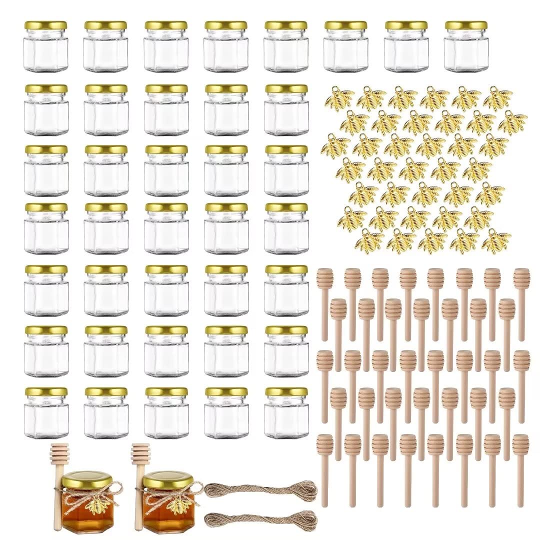 1.5oz Mini Hexagon Glass Honey Jars with Dipper - 40 Pack Empty Small Jars for Wedding Favors, Baby Shower, Party Favors - Perfect for Honey Sampling, Gift Giving, and DIY Crafts
