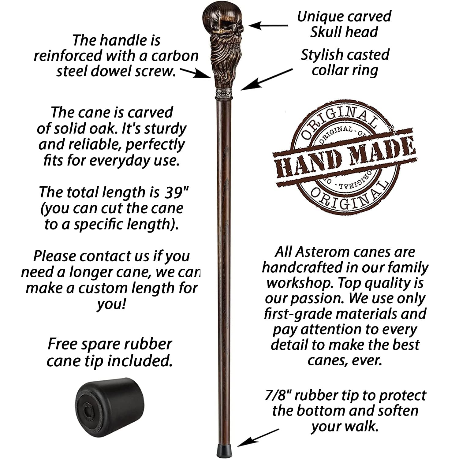 Handmade Wooden Carved Walking Cane with Bearded Skull Head - Unique Steampunk Walking Stick for Men & Women - Perfect for Cosplay, Gothic Fashion & Outdoor Hiking Accessories