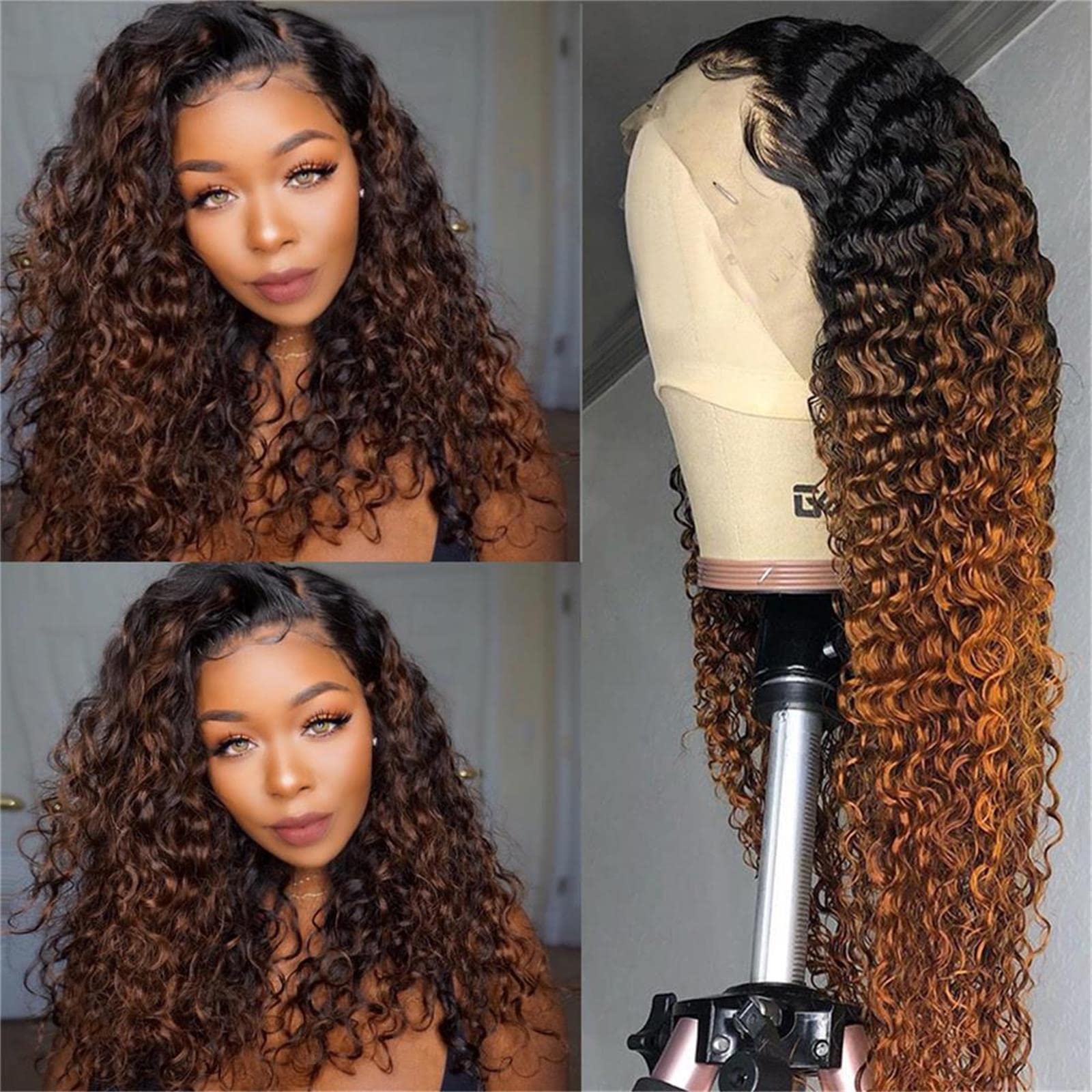 Ombre Lace Front Wig Human Hair 1B30 - 13x4 Pre Plucked Glueless Lace Front Wig with Deep Wave Curly - 26 Inch 150% Density Human Hair Wigs for Black Women - Perfect for Daily Wear, Special Occasions & Protective Styling