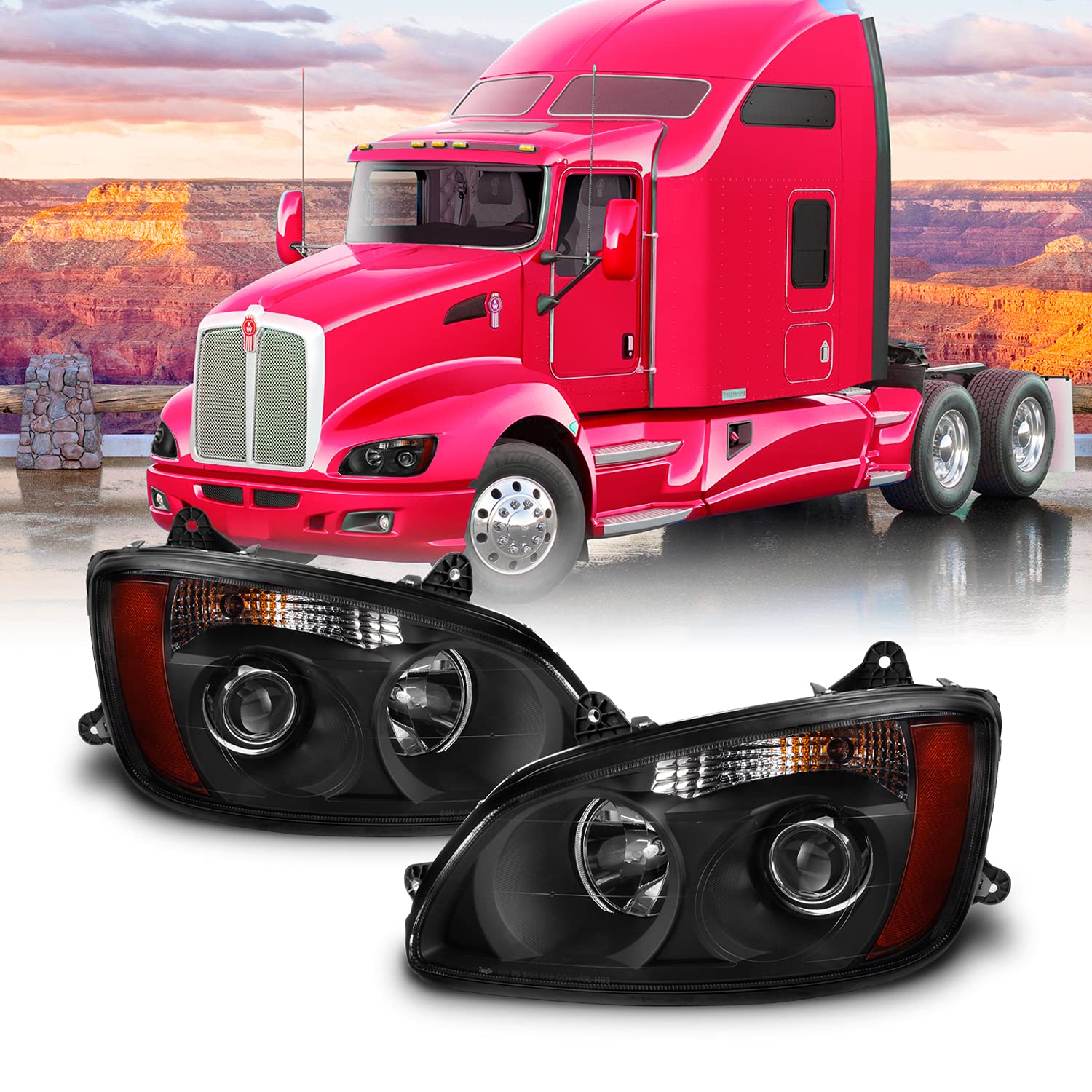 AKKON Black Housing Projector Headlights - Compatible with 2008-2017 Kenworth T660 T170 T270 T370 T700 Trucks - OE Style Replacement - Perfect for Night Driving & Enhanced Visibility (Pair)