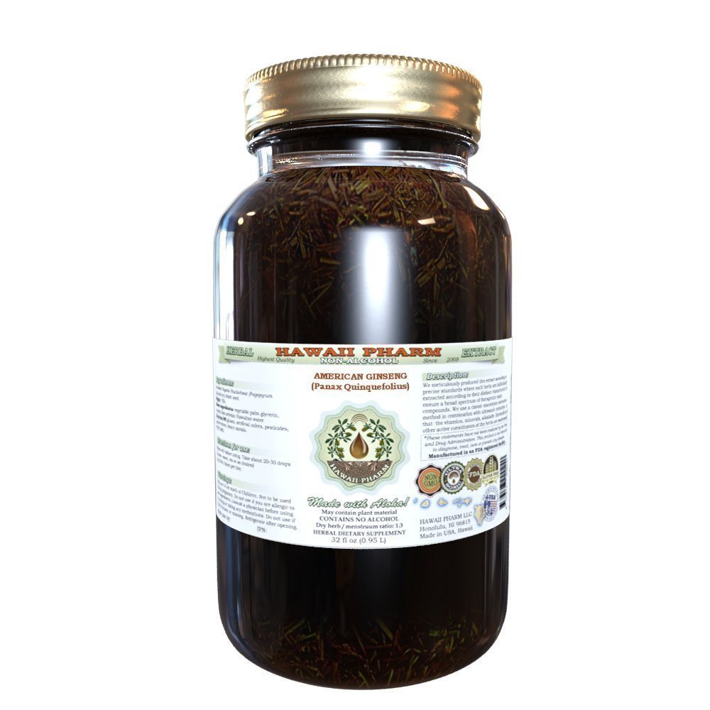 American Ginseng Alcohol-Free Liquid Extract (Panax Quinquefolius) | 32 oz Natural Herbal Supplement by Hawaii Pharm | Unfiltered Dried Root Glycerite | Boost Energy, Support Immunity & Reduce Stress | Perfect for Tea, Smoothies & Wellness Routines