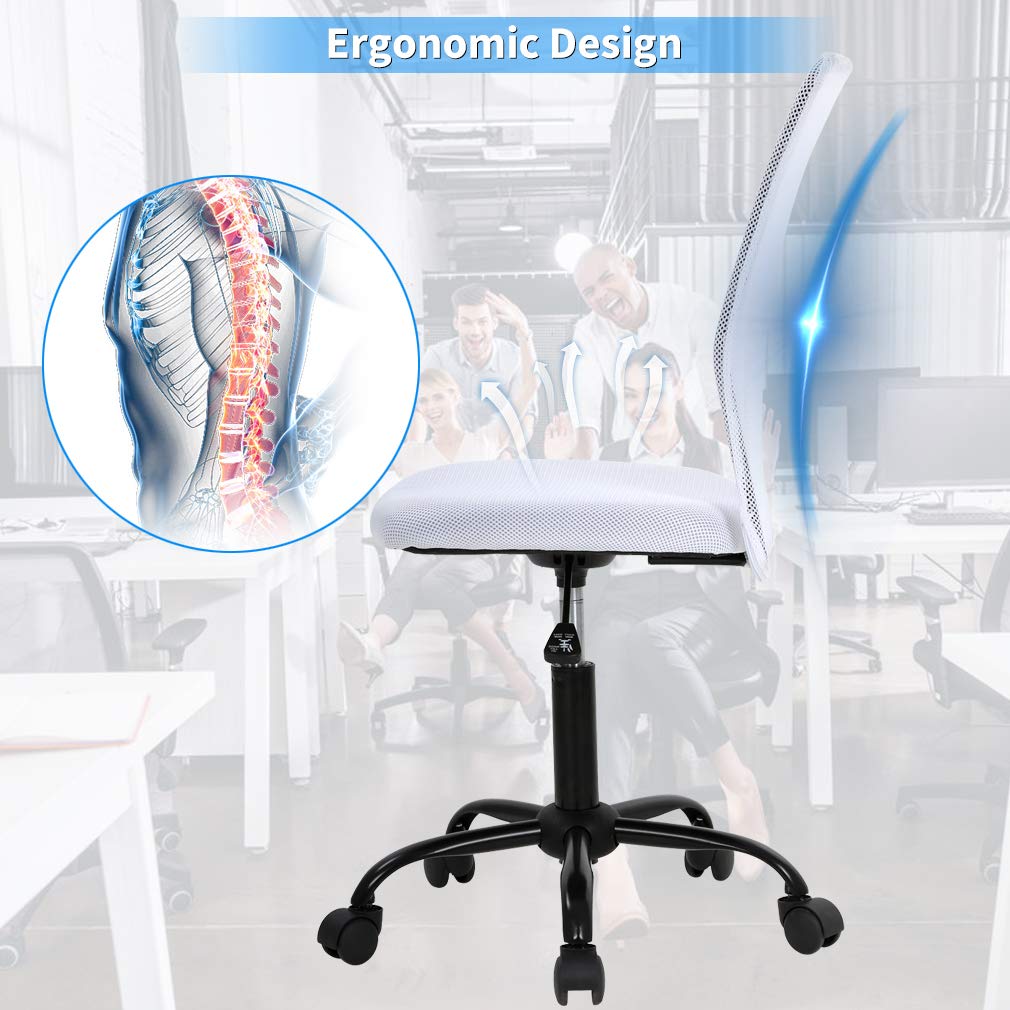 Ergonomic Office Chair with Lumbar Support - Adjustable Height Mesh Computer Desk Chair, Mid Back Swivel Task Chair for Women & Men - Modern Armless Executive Chair for Home & Office Workspace (White)