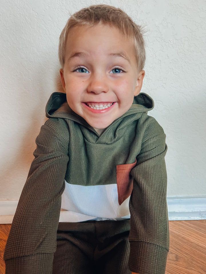 Boys' Fall Winter Waffle Hooded Sweatshirt & Pants Outfit Set - Color Block Long Sleeve Toddler Clothes for Playdates & Outdoor Activities