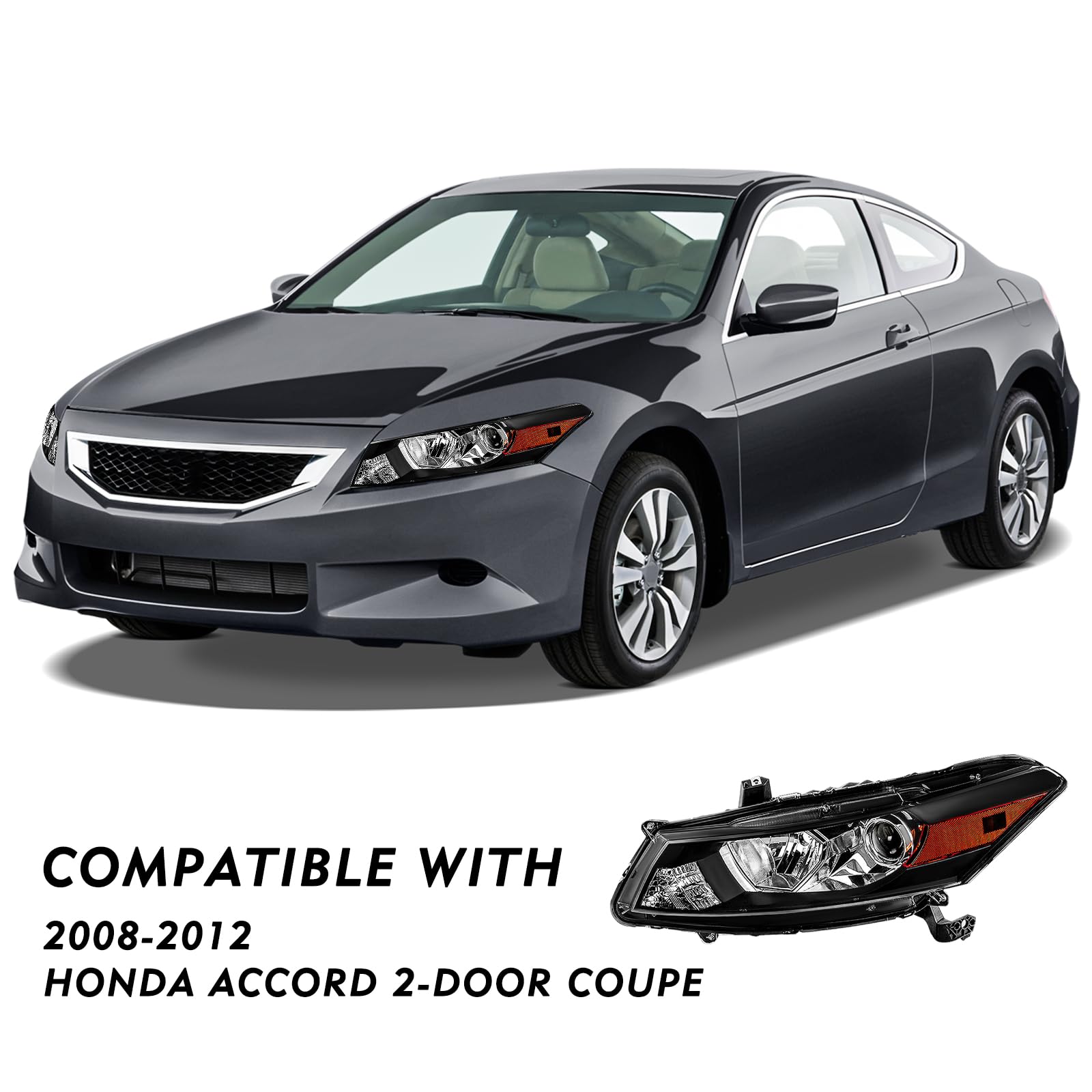 Honda Accord 2008-2012 Coupe Headlight Assembly Pair with Bulbs - OEM Style Projector Headlamps (Black Housing & Amber Reflector) - Perfect for Night Driving & Car Upgrades