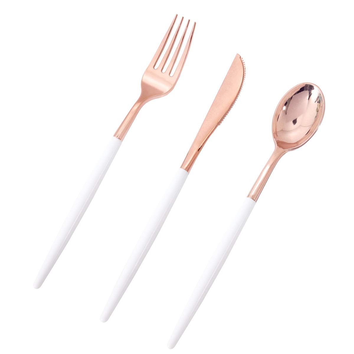 144-Piece Disposable Rose Gold Plastic Silverware Set - 48 Forks, 48 Knives, 48 Spoons with Elegant White Handles | Perfect for Weddings, Parties, Picnics & Catering Events