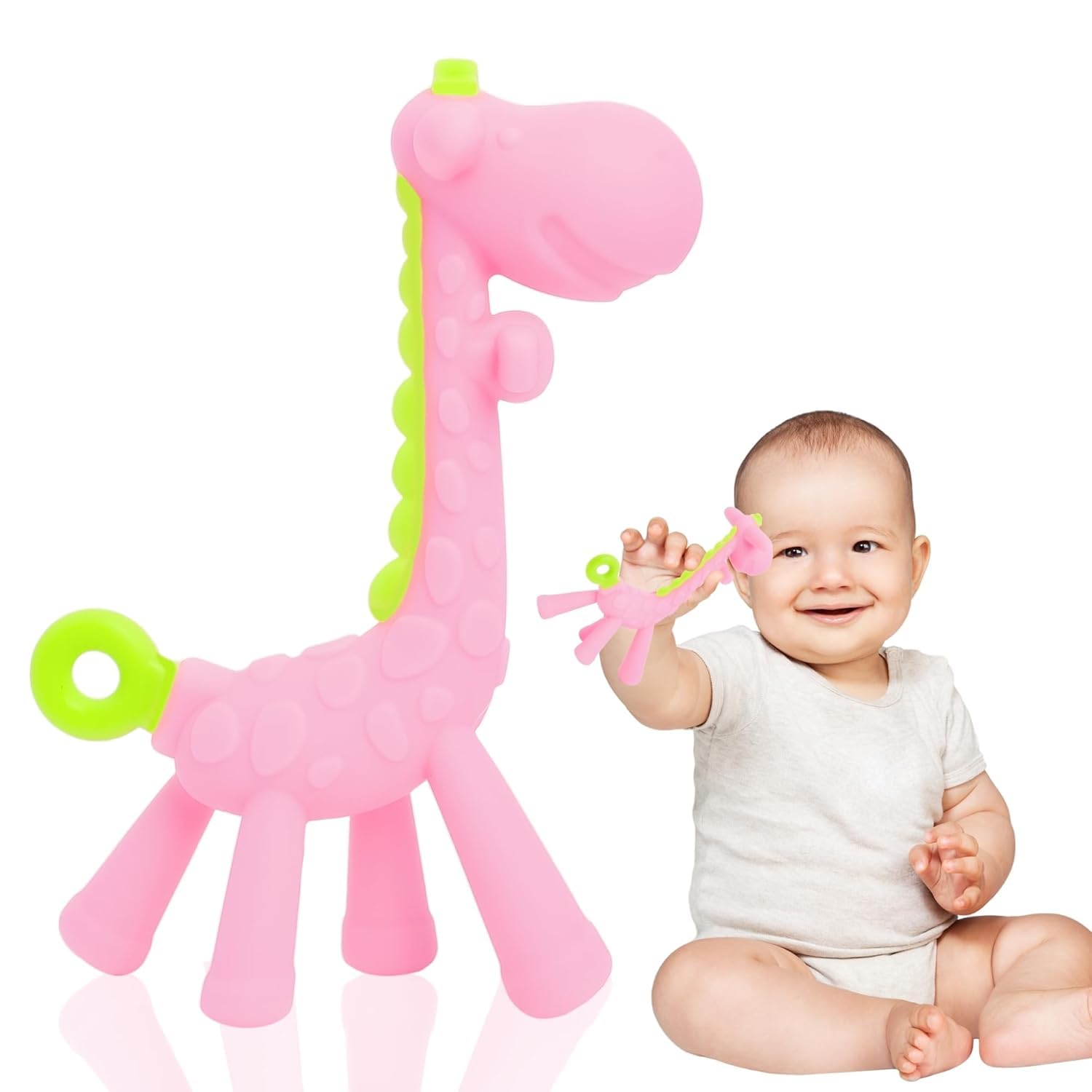 Kritiu Giraffe Shape Teether and U Shape Toothbrush Set - BPA-Free Silicone Baby Teething Toy & Toothbrush for Infants 0-12 Months - Safe, Soft & Practical Oral Care Solution (Pink) - Perfect for Soothing Sore Gums During Teething and Gentle Teeth Cleaning