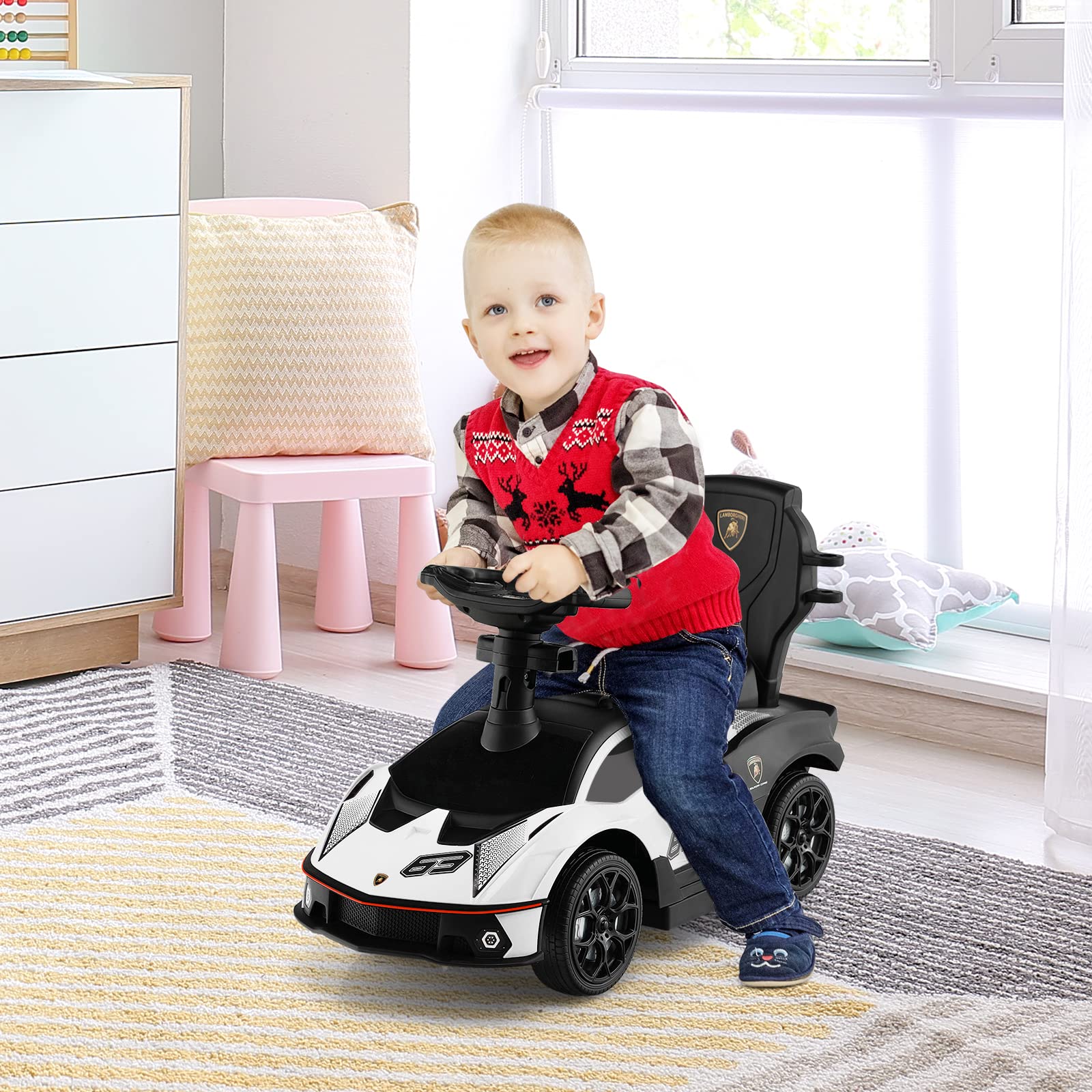 Costzon 3-in-1 Push Car for Toddlers - Licensed Lamborghini Stroller, Ride-On Toy with Handle, Armrest Guardrail & Storage - Foot-to-Floor Walking Car with Horn - Perfect Gift for Boys & Girls (White) - Indoor & Outdoor Play, Birthday & Holiday Present