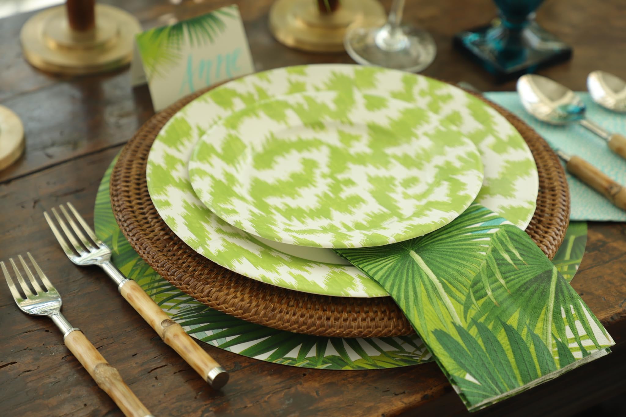 Caspari Rattan Round Plate Charger Set of 4 - Dark Natural Brown Dinner Plates for Wedding, Party & Home Decor - Eco-Friendly Placemats for Table Setting