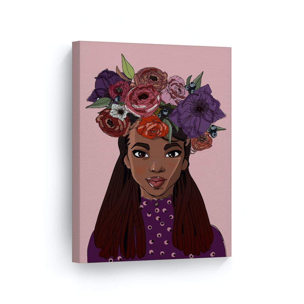 African American Girl Canvas Print - Purple Flower Crown Afro Kids Wall Art, Black Child Nursery Decor, Ready to Hang 40x30 - Perfect for Bedroom, Living Room & Classroom Decor