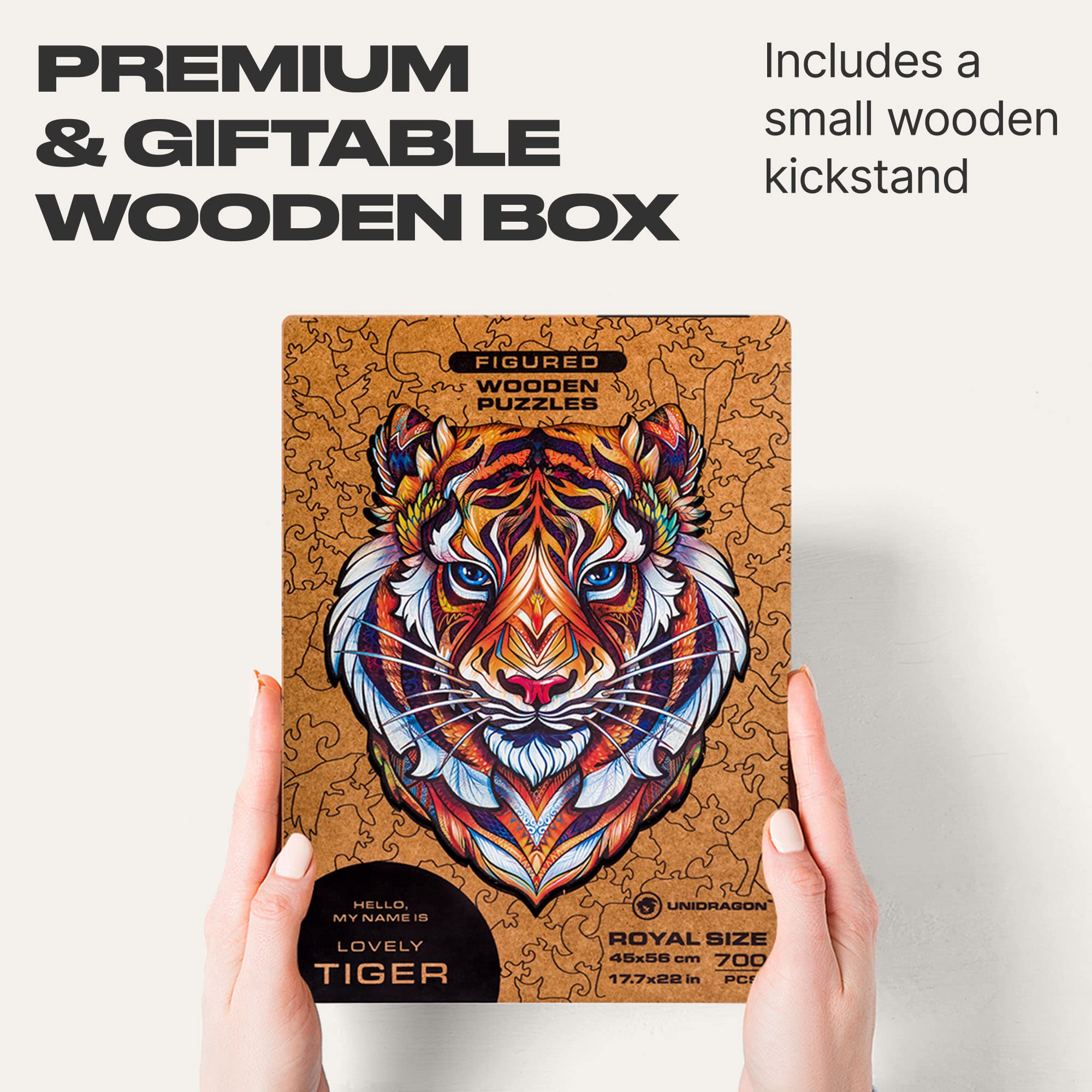UNIDRAGON Original Wooden Jigsaw Puzzles - Lovely Tiger Design, 700 Piece Premium Puzzle, Large 17.7x22 Inch Royal Size, Unique Shaped Pieces, Beautiful Gift Box - Perfect for Family Game Night, Birthday Gifts for Adults & Kids, Home Decor & Stress Relief Activities