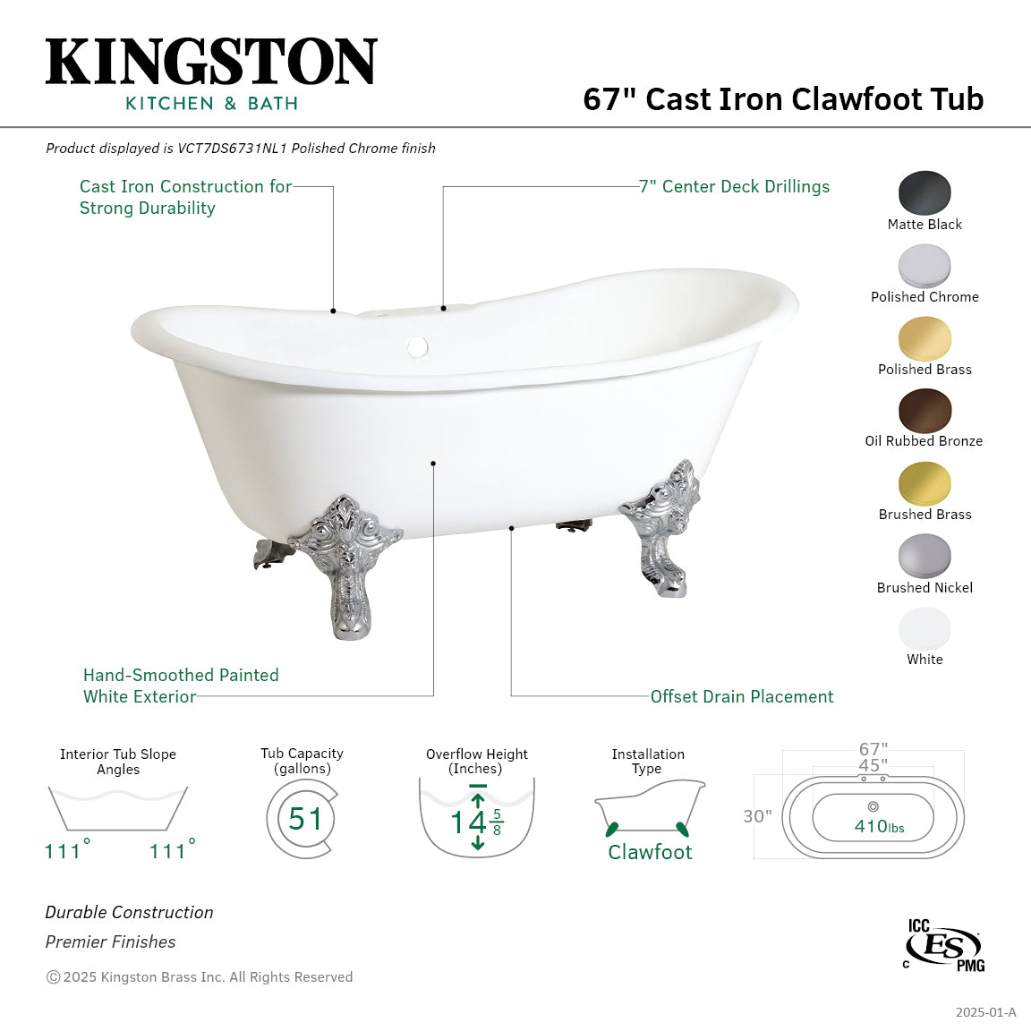 Aqua Eden 67 Inch White Matte Black Cast Iron Oval Double Slipper Clawfoot Bathtub with 7 Inch Faucet Drillings - Vintage Freestanding Soaking Tub for Luxury Bathroom & Spa Retreat