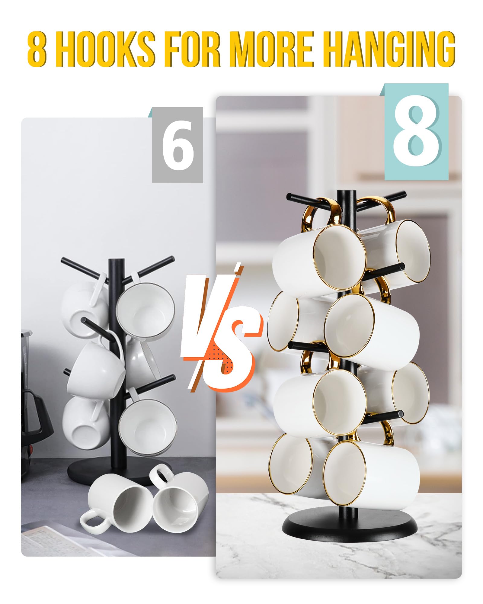 **Lorbro 8-Hook Bamboo Coffee Mug Tree Stand - Countertop Cup Holder for Kitchen & Cafe Decor - Black - Perfect for Organizing Mugs, Tea Cups & Kitchen Accessories**