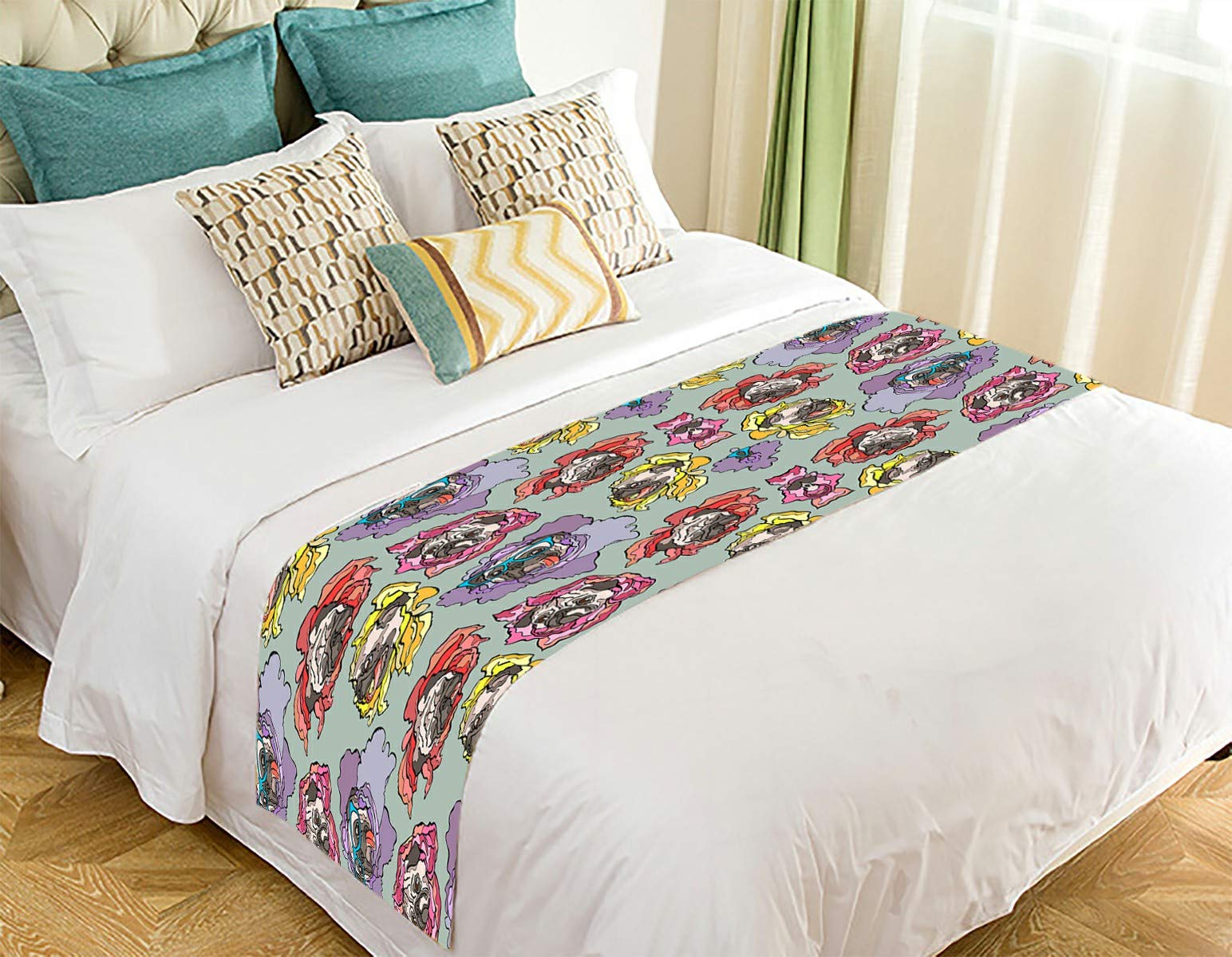 ECZJNT Floral Pug Dog Bed Runner - 20x95 Inch Decorative Bed Scarf for Pet Beds, Sofas & Home Decor | Perfect for Living Room, Bedroom & Dog Lover Gifts