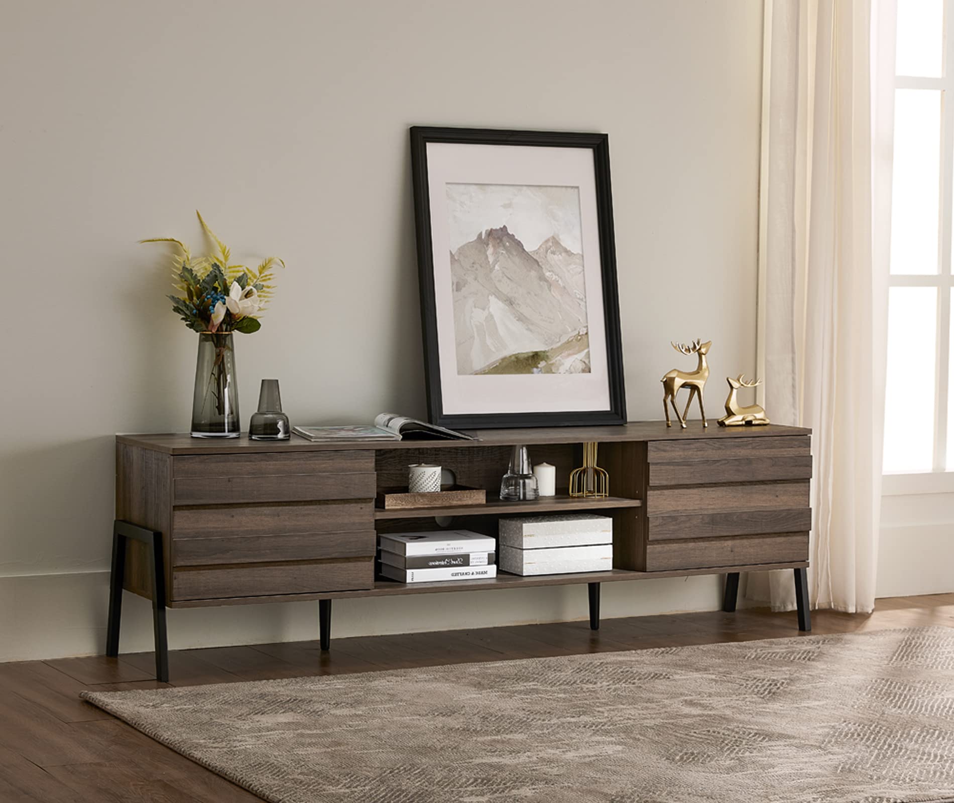 Mid-Century Modern TV Stand for 75 Inch TVs - Solid Wood Media Console with Storage Shelves, Entertainment Center for Living Room & Bedroom - Perfect for Home Theater Setup & Stylish Home Decor (70 Inch, Brown)