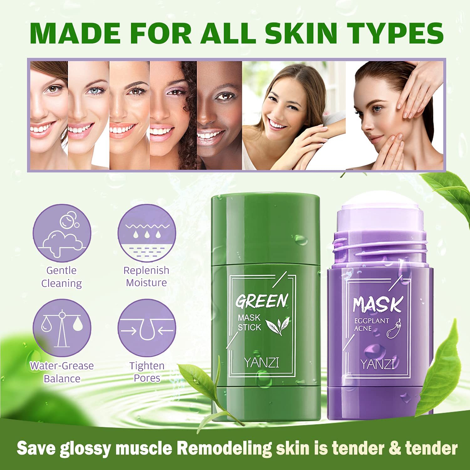 FORALES 2-in-1 Green Tea & Eggplant Extract Facial Mask Stick - Travel Friendly Deep Cleansing & Moisturizing Stick for Oily & Dry Skin - Oil Control & Skin Nourishment for Women & Men - Perfect for Travel, Gym & Daily Skincare Routine