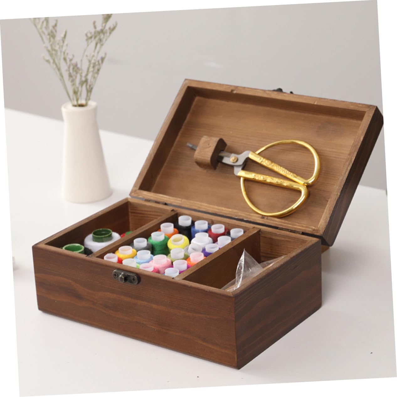 IWOWHERO Wooden Sewing Kit with Cover - Needle Storage Basket, Pin Cushion & Wooden Needle Case - Perfect for Organizing Sewing Supplies, Embroidery Tools & Craft Accessories at Home or Studio
