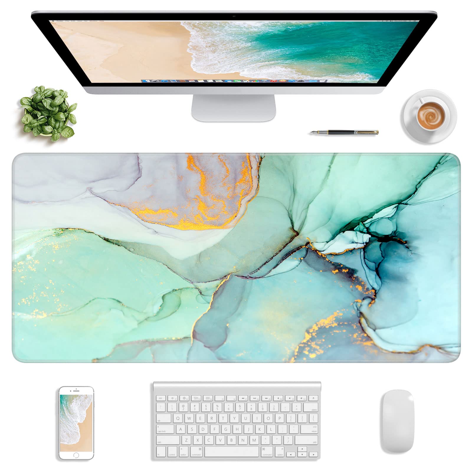 Extended Gaming Mouse Pad - XXL 30x14 Inch, Waterproof Non-Slip Desk Mat for Office & Gaming - Green Marble