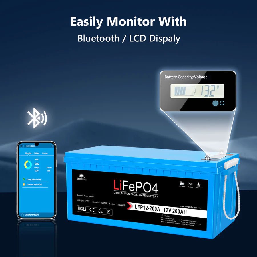 SunGoldPower 12V 200AH LiFePO4 Deep Cycle Lithium Battery with Bluetooth, Self-Heating & IP65 - Perfect for RVs, Solar Systems, Marine & Off-Grid Power Storage