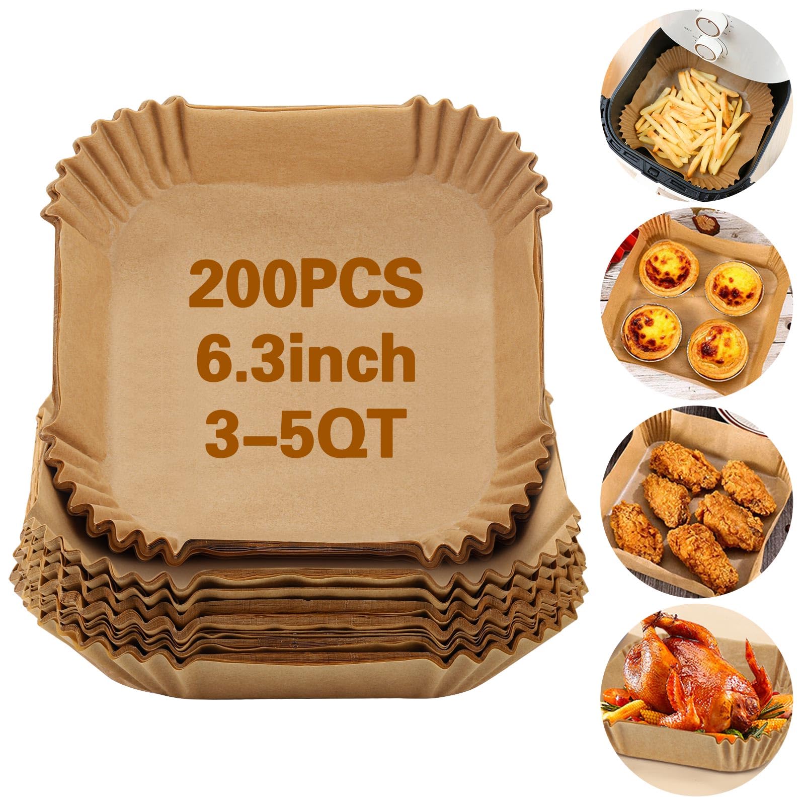 200Pcs 6.3 Inch Square Air Fryer Paper Liners - Non-Stick Disposable Parchment Sheets for Air Fryer, Baking, Roasting & Microwave - Perfect for Healthy Cooking, Meal Prep & Quick Cleanup