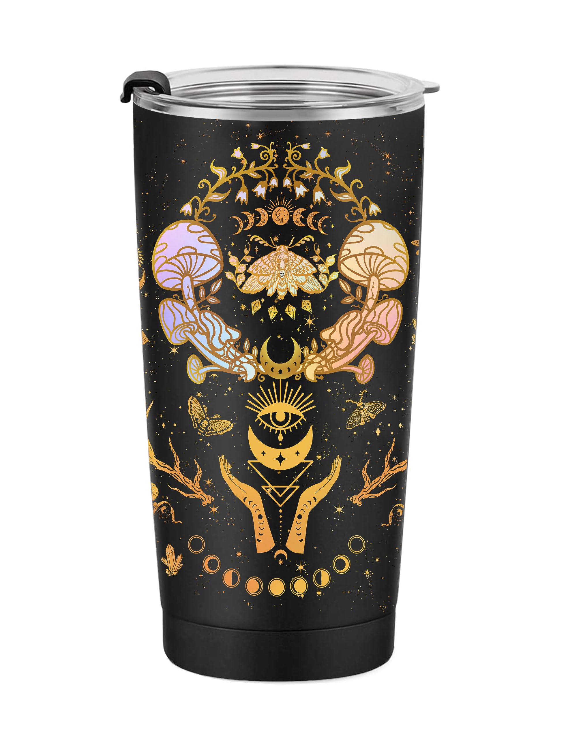 Magic Mushroom Tumbler 20oz - Insulated Coffee Mug with Lid - Unique Witchy Gifts for Women - Sun Moon & Constellation Design - Perfect for Birthday, Office, Camping & Travel