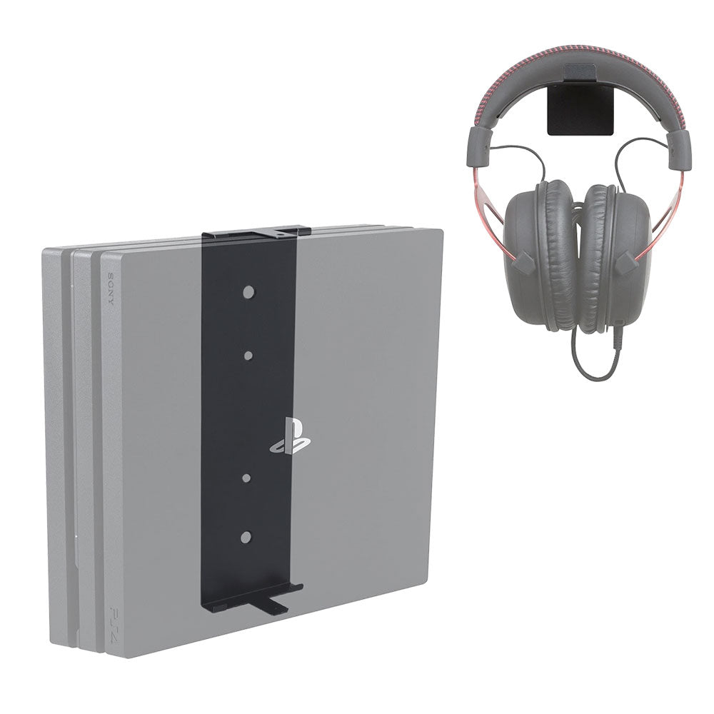 HIDEit 4P PlayStation 4 Pro (PS4 Pro) Wall Mount Bracket - Black - Headset Bundle - Space Saving Gaming Setup for Living Room & Bedroom