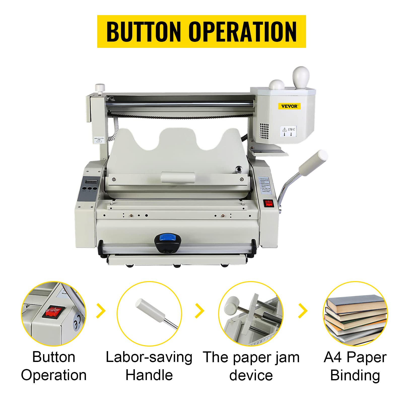 VEVOR Wireless A4 Manual Hot Glue Book Binder Machine 110V with Milling Spine Rougher - Perfect for DIY Bookbinding, Photo Albums, Notebooks & Office Documents - Ideal for Home, School & Small Business Use
