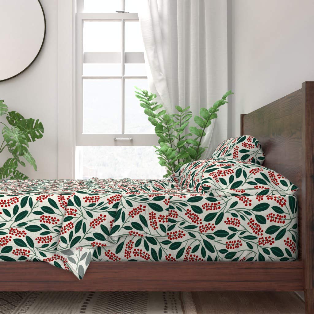 100% Cotton Twin Sheet Set 3pc - Red Green White Winter Berries Botanical Print | Fall Autumn Holiday Christmas Bedding | Perfect for Cozy Seasonal Decor & Guest Rooms