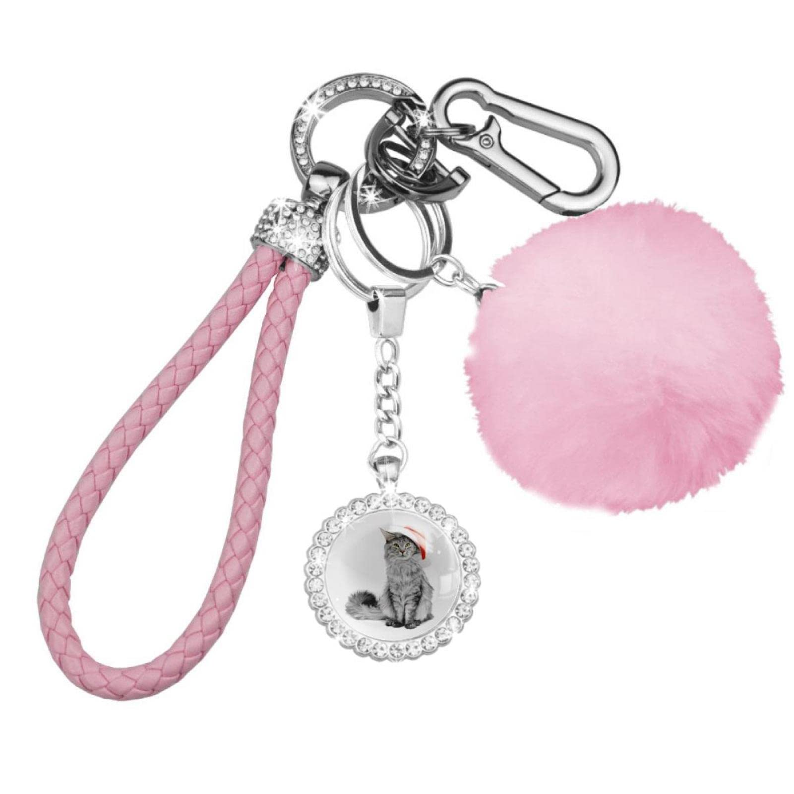 8 Pcs Santa Grey Cat Keychain Set with Pompom - Cute Keychain Accessories for Women & Girls | Perfect for Gifts, Backpacks, and Holiday Decorations