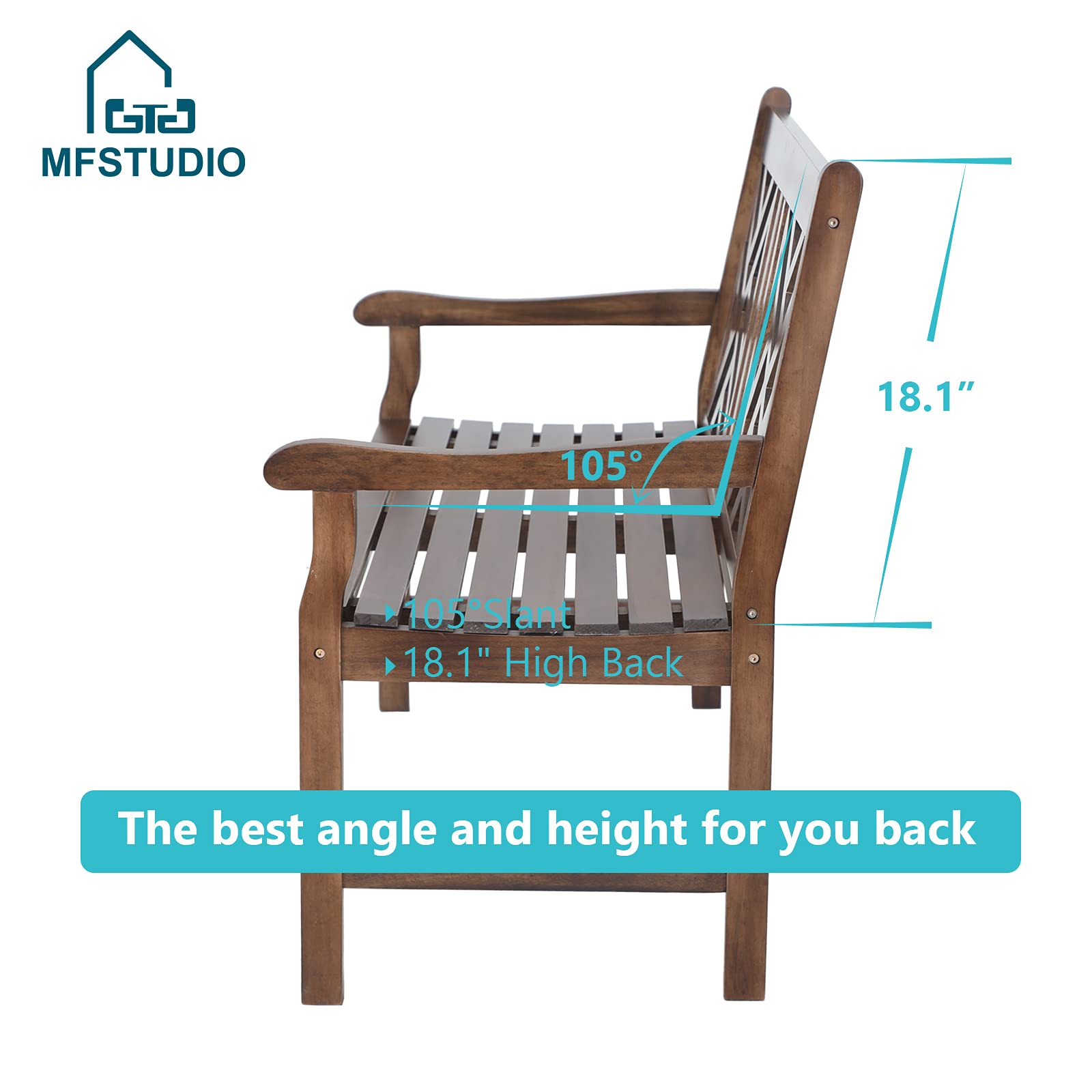 MFSTUDIO Acacia Wood Garden Bench with Backrest & Armrest - 2-Person Outdoor Patio Bench for Porch, Park, Yard - 600 lbs Weight Capacity (Brown) - Perfect for Relaxing in Gardens, Backyards & Outdoor Spaces