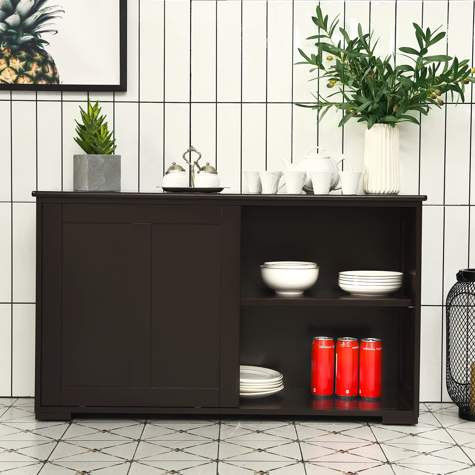 BUSHLY Kitchen Sideboard Buffet Cabinet - Sliding Door Console Table with 3 Adjustable Shelves, Classic Dining Room & Living Room Storage Furniture for Hallway, Kitchen, and Home Decor