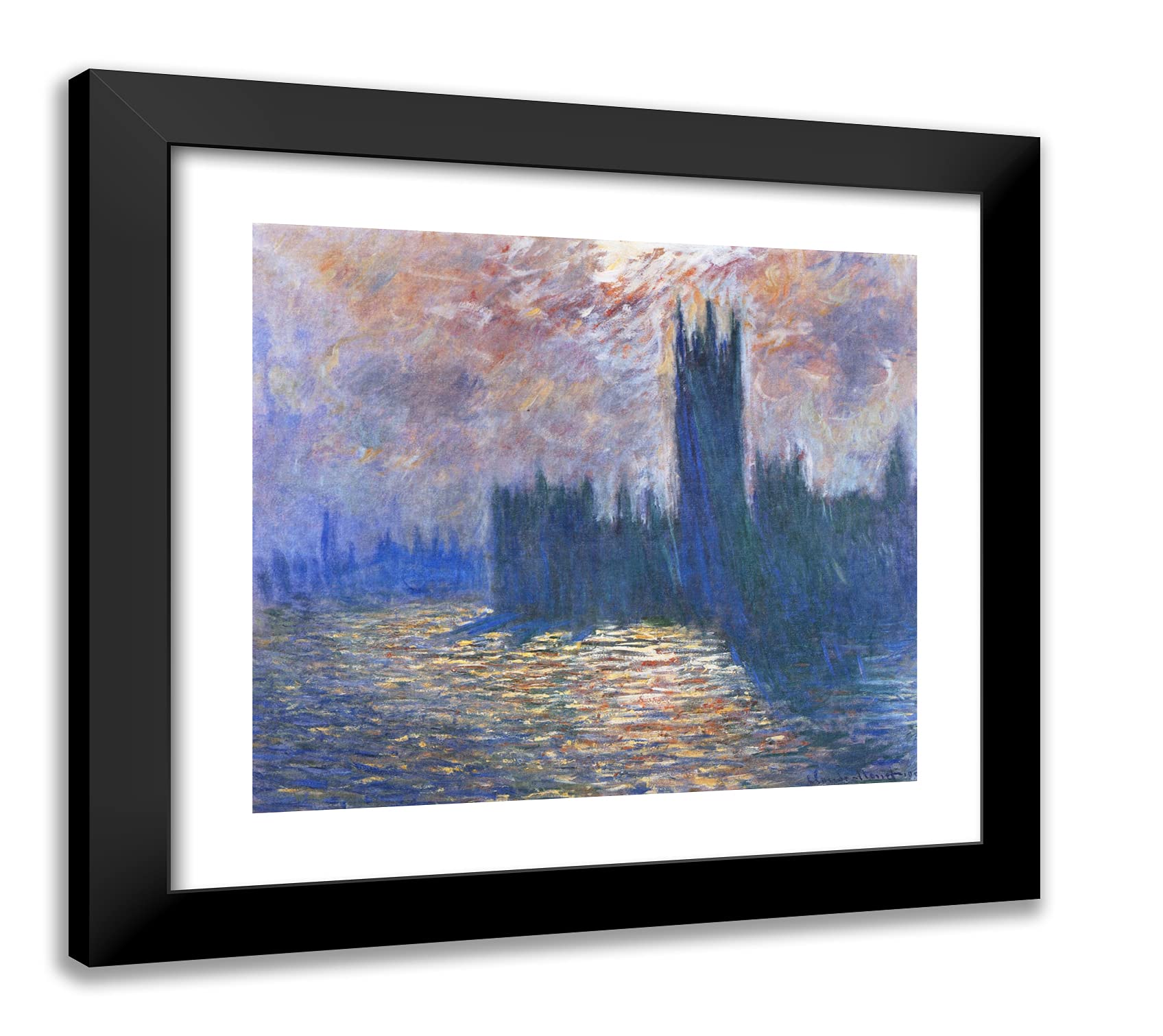 Claude Monet London Parliament Reflections on the Thames - 22x20 Inch Black Modern Framed Art Print - Wall Decor for Living Room, Office & Bedroom