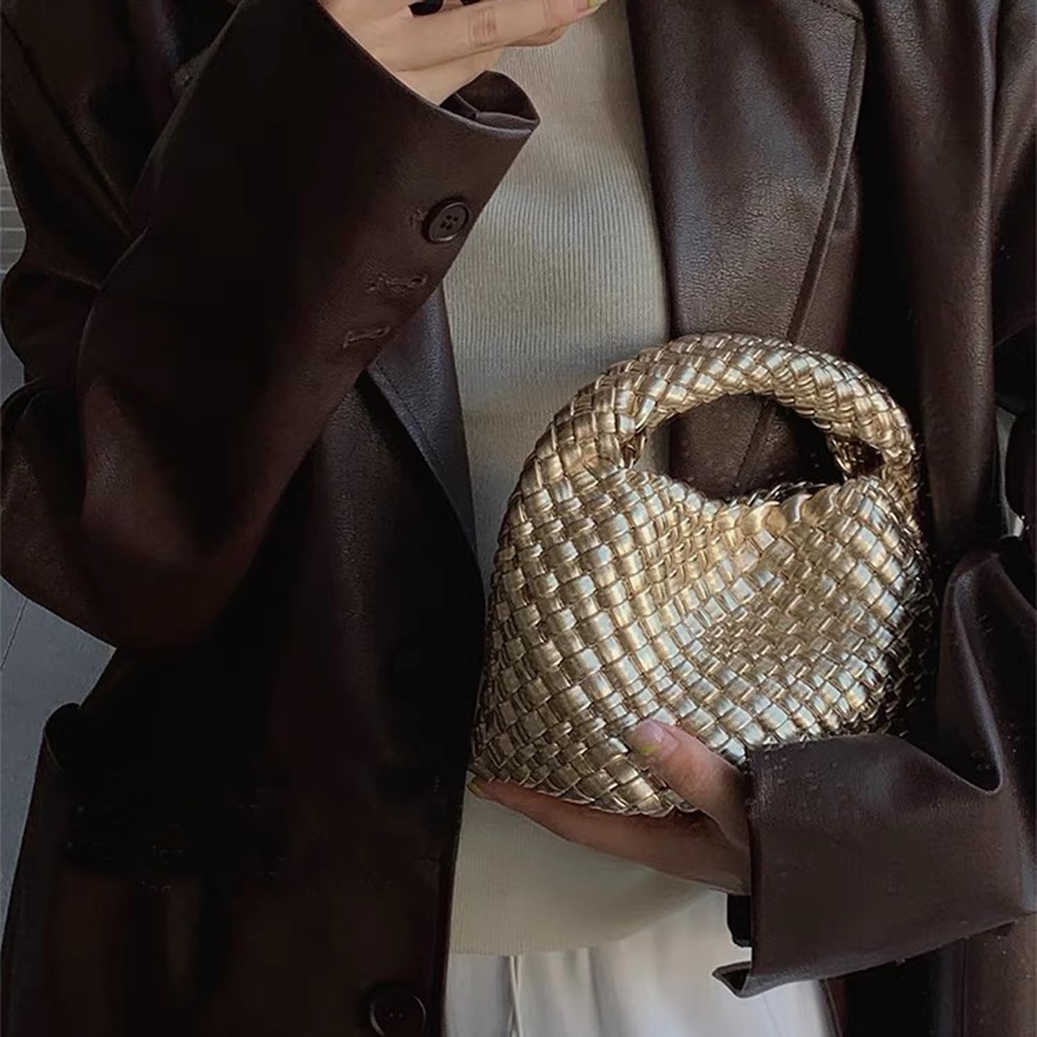 JINMANXUE Women's Fashion Woven Tote Bucket Bag with Knit Chain Strap - Crossbody Shoulder Purse for Work, Travel & Daily Use