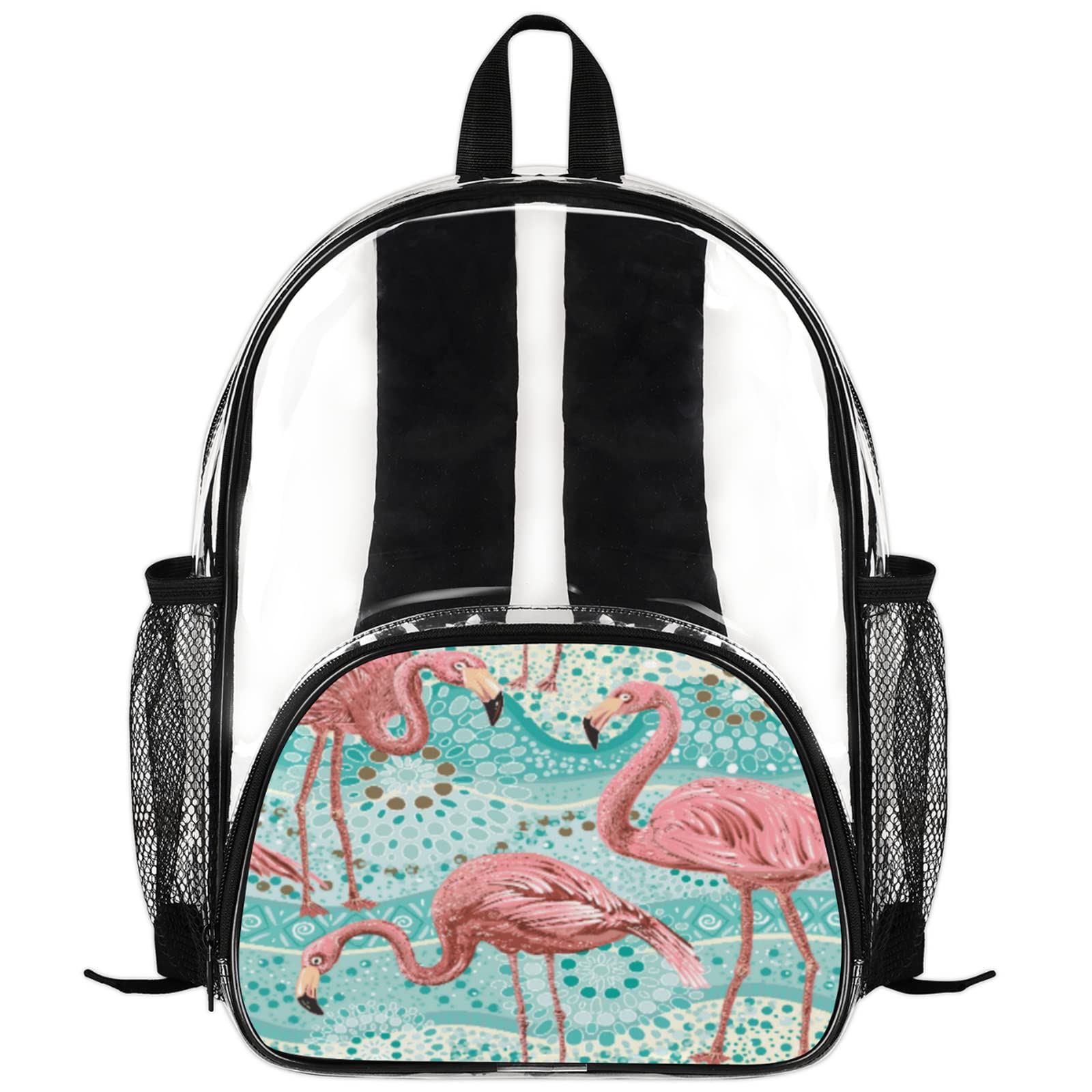 Clear Backpack Heavy Duty Transparent Backpack - Waterproof See Through Daypack for Stadium, Concert & Security Approved | Flamingo Ethnic Animal Design | Perfect for Work, Sports Events & Travel