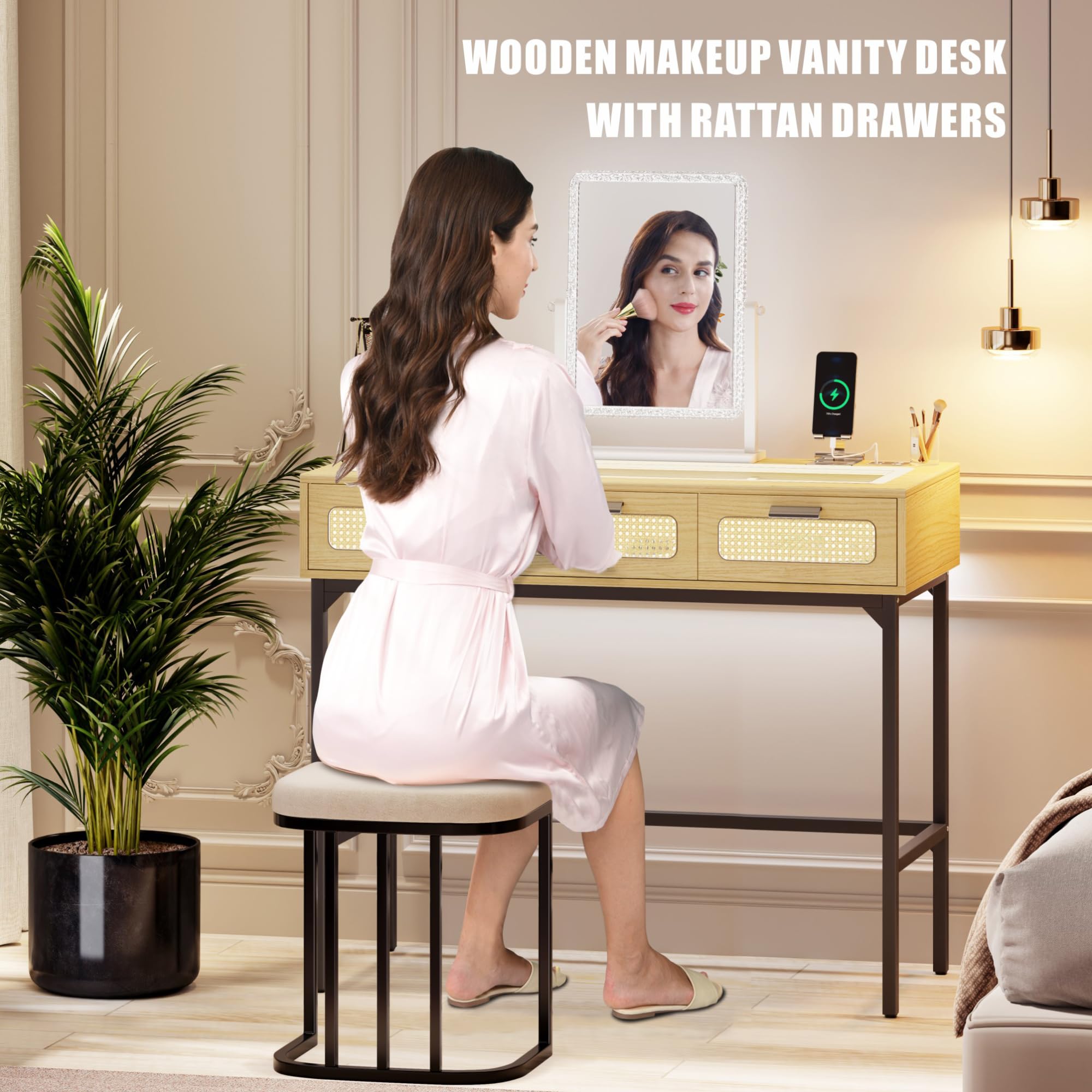 LED Makeup Vanity Desk with Glass Top & Charging Station - Wooden Dressing Table with Rattan Drawers, Modern Bedroom Furniture for Women, Perfect for Makeup Application, Home Office & Beauty Room Organization